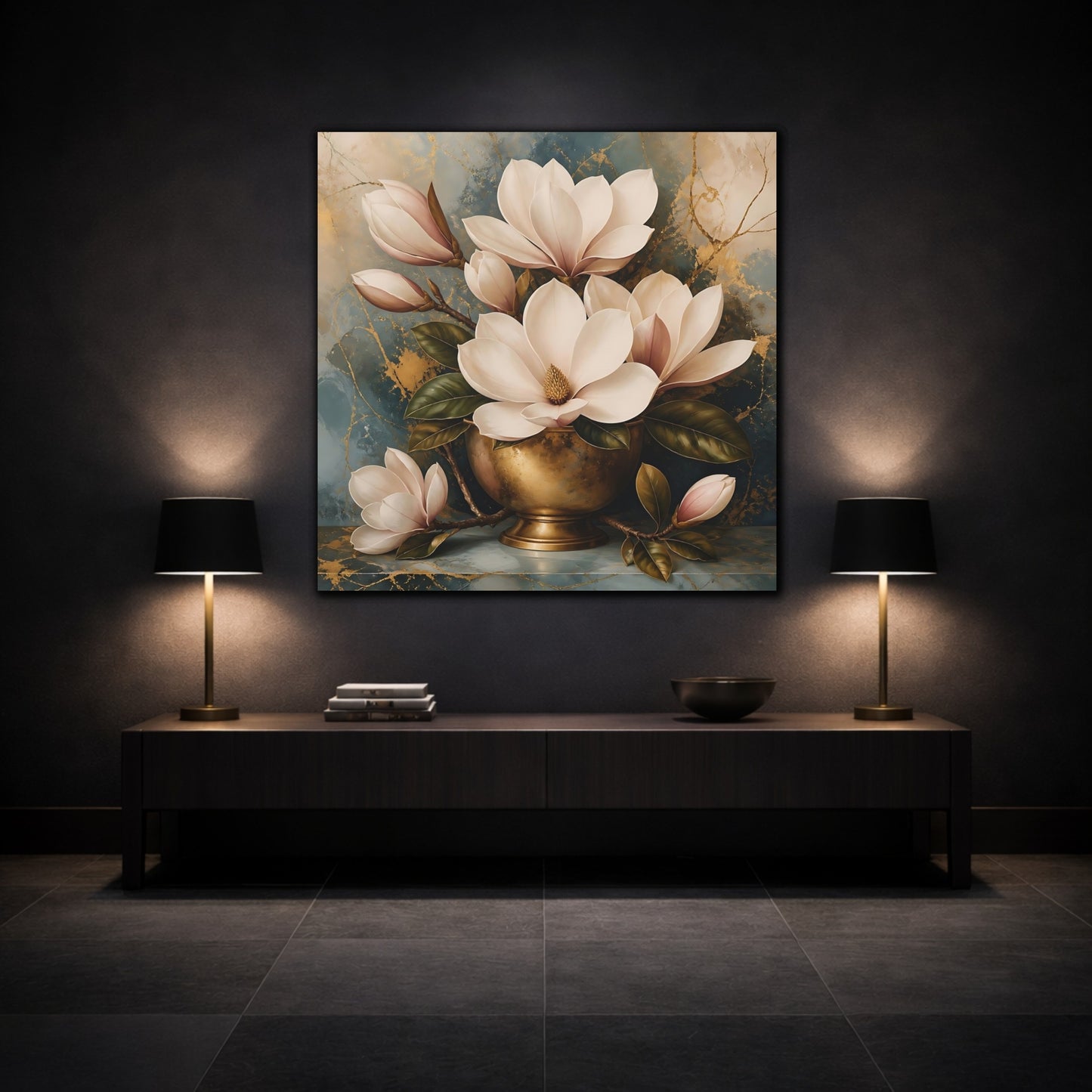 Mockup 3. Floral Magnolias White Magnolia Gold shown as stretched canvas wall art