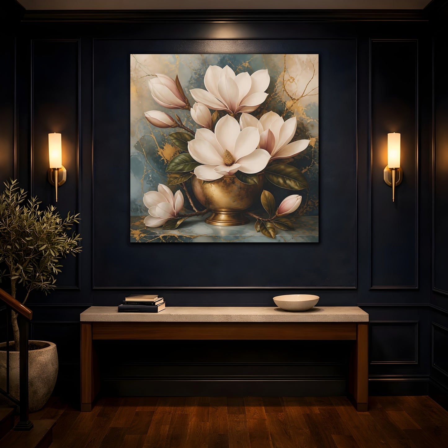 Mockup 4. Floral Magnolias White Magnolia Gold shown as stretched canvas wall art