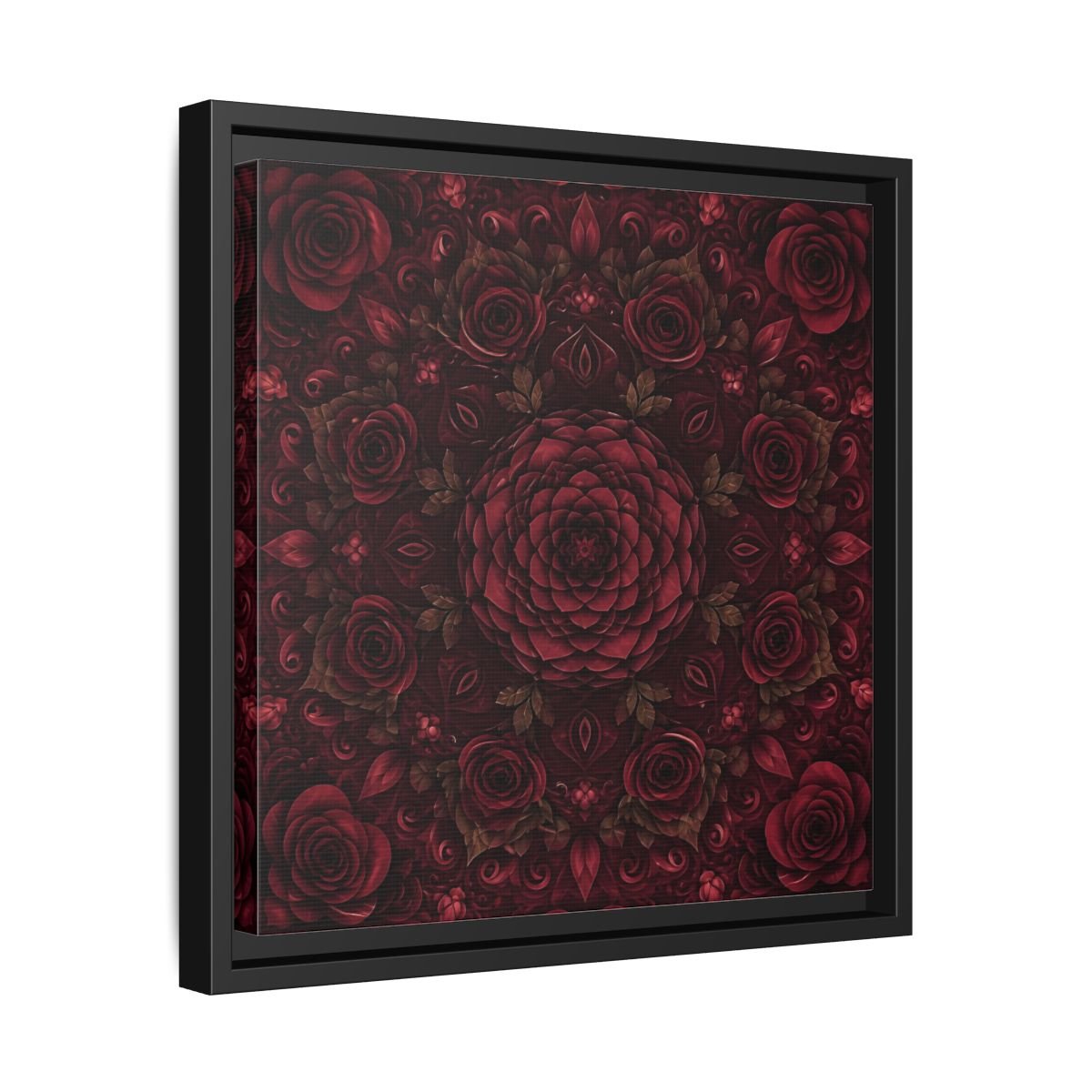 Floral Mandala Deep Red Framed Canvas Print Wall Art – Ornate Living Room, Above Console Table - YesArtYes