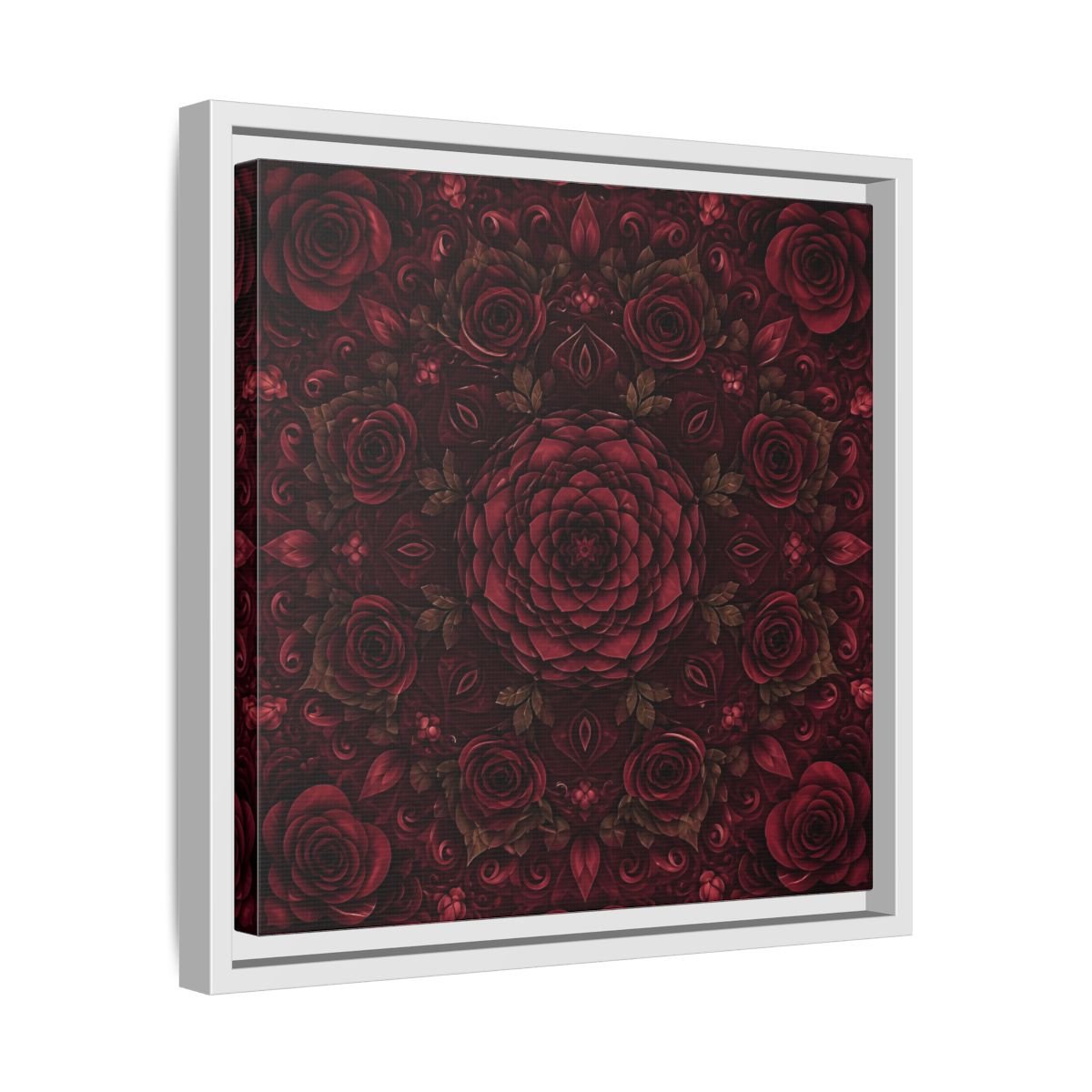 Floral Mandala Deep Red Framed Canvas Print Wall Art – Ornate Living Room, Above Console Table - YesArtYes