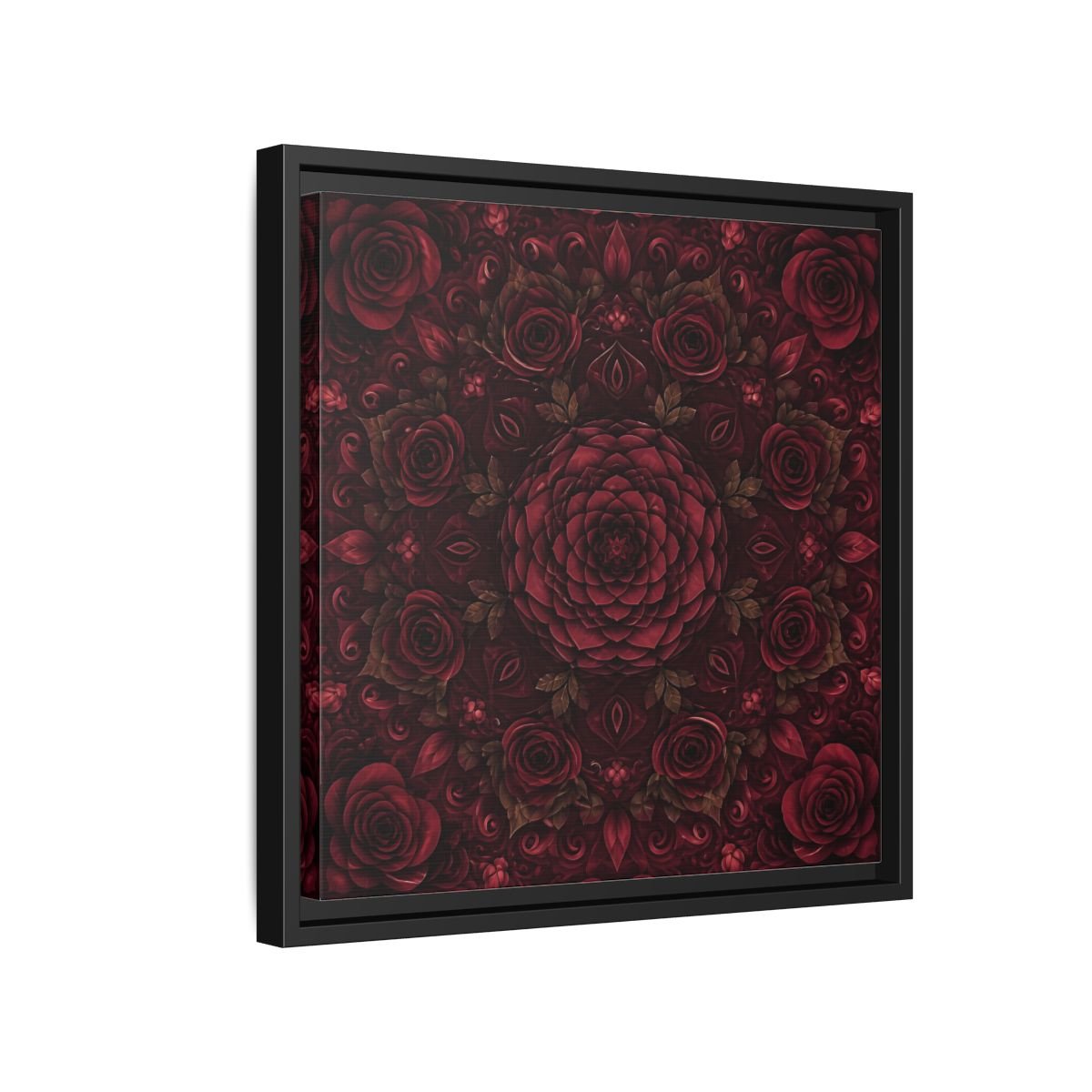 Floral Mandala Deep Red Framed Canvas Print Wall Art – Ornate Living Room, Above Console Table - YesArtYes