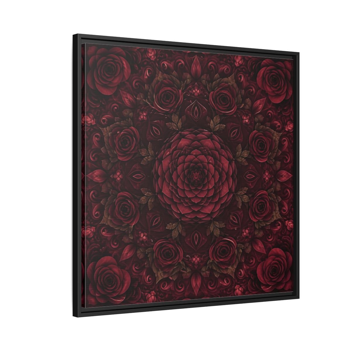 Floral Mandala Deep Red Framed Canvas Print Wall Art – Ornate Living Room, Above Console Table - YesArtYes