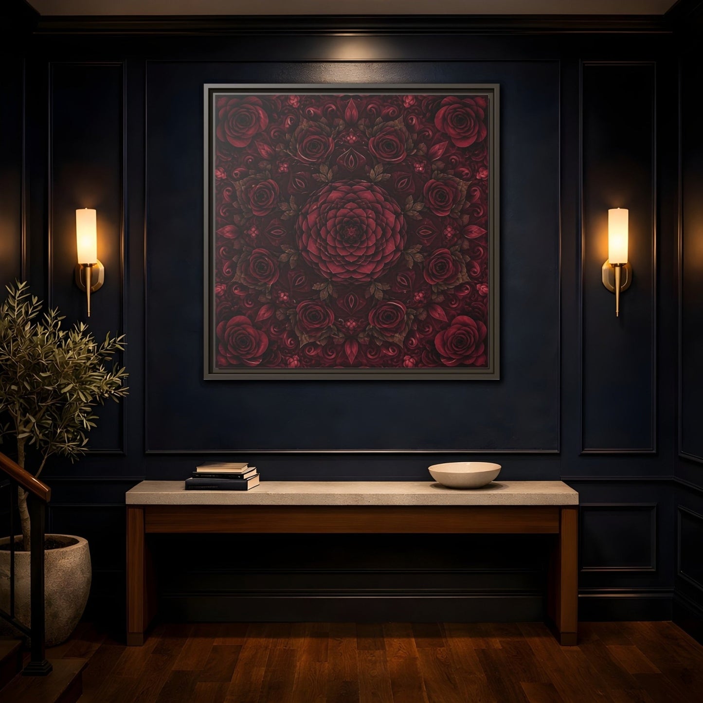 Floral Mandala Deep Red Framed Canvas Print Wall Art – Ornate Living Room, Above Console Table - YesArtYes