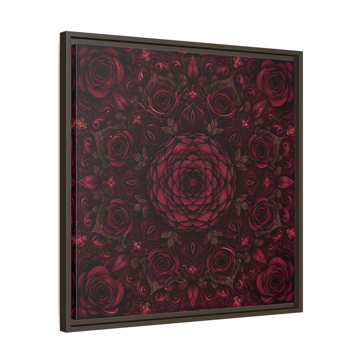 Floral Mandala Deep Red Framed Canvas Print Wall Art – Ornate Living Room, Above Console Table - YesArtYes