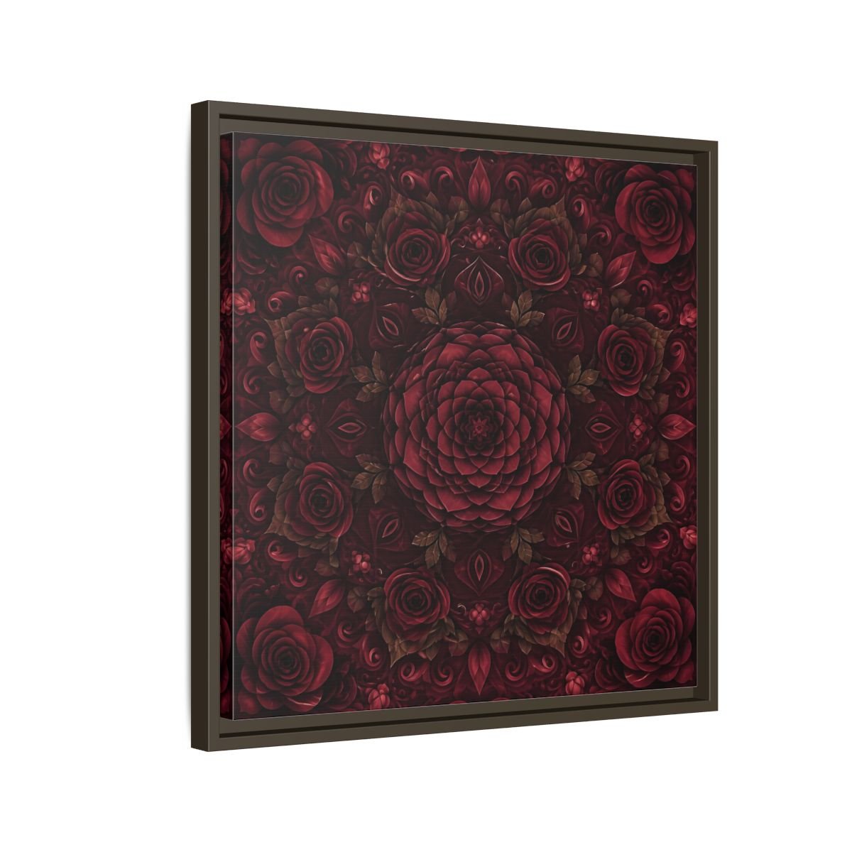Floral Mandala Deep Red Framed Canvas Print Wall Art – Ornate Living Room, Above Console Table - YesArtYes