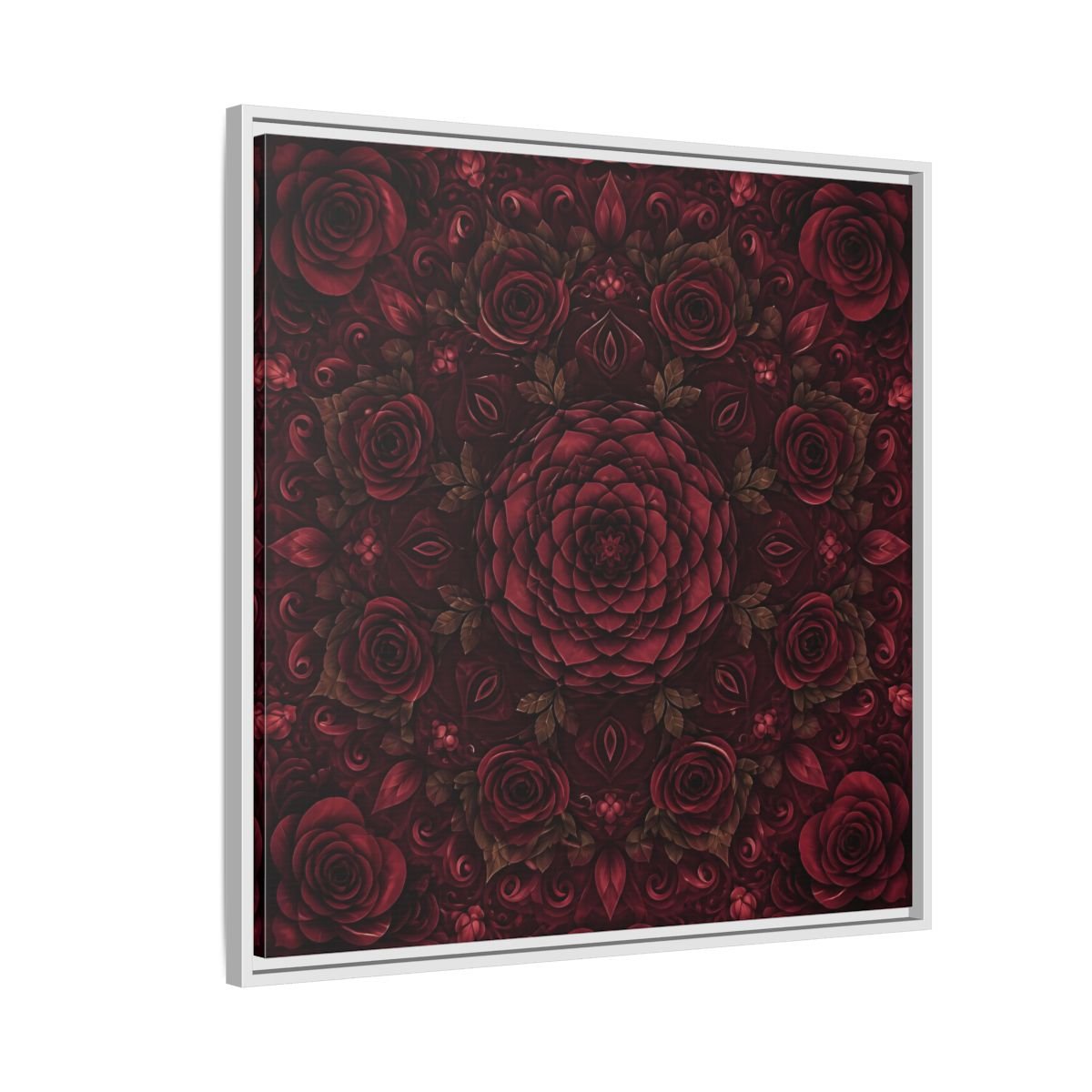 Floral Mandala Deep Red Framed Canvas Print Wall Art – Ornate Living Room, Above Console Table - YesArtYes