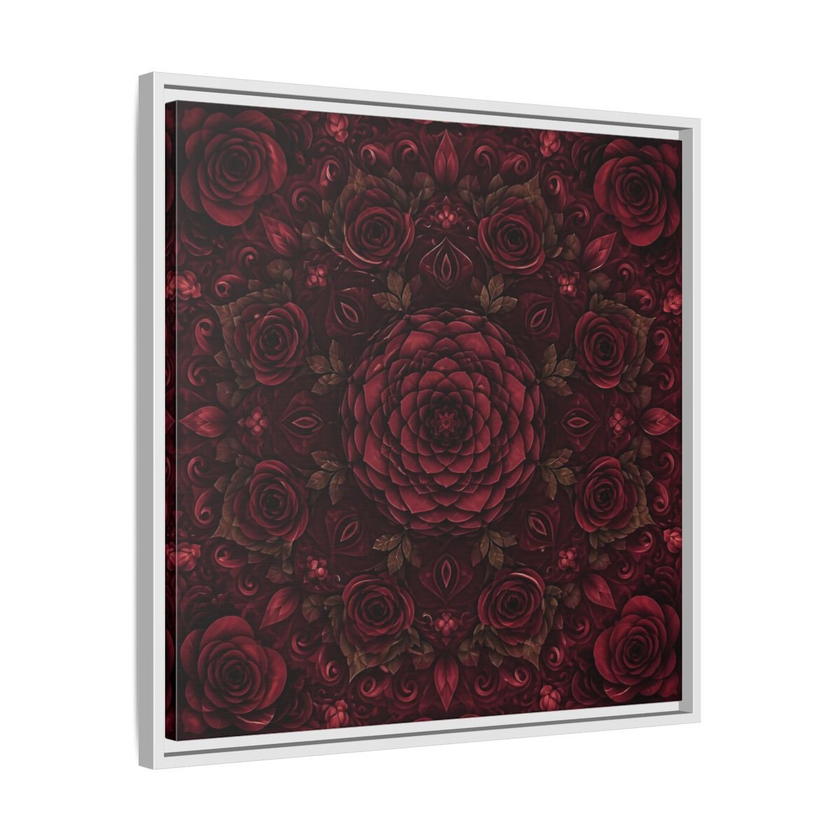 Floral Mandala Deep Red Framed Canvas Print Wall Art – Ornate Living Room, Above Console Table - YesArtYes