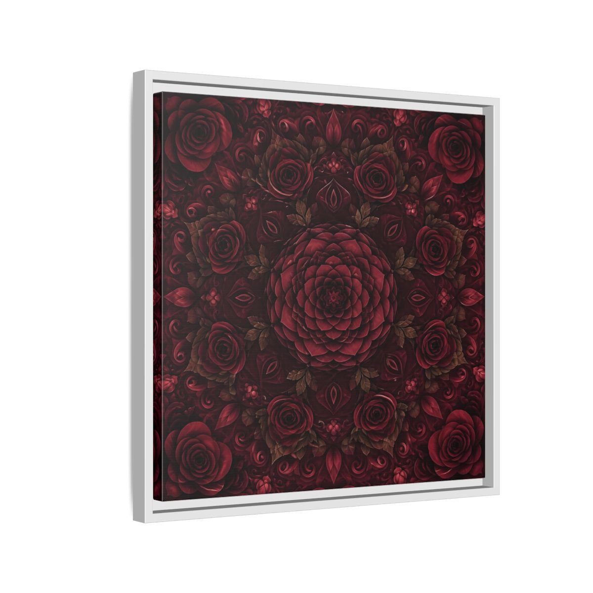 Floral Mandala Deep Red Framed Canvas Print Wall Art – Ornate Living Room, Above Console Table - YesArtYes