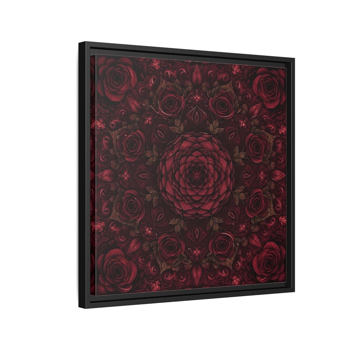 Floral Mandala Deep Red Framed Canvas Print Wall Art – Ornate Living Room, Above Console Table - YesArtYes