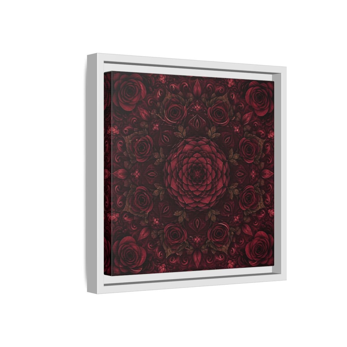 Floral Mandala Deep Red Framed Canvas Print Wall Art – Ornate Living Room, Above Console Table - YesArtYes