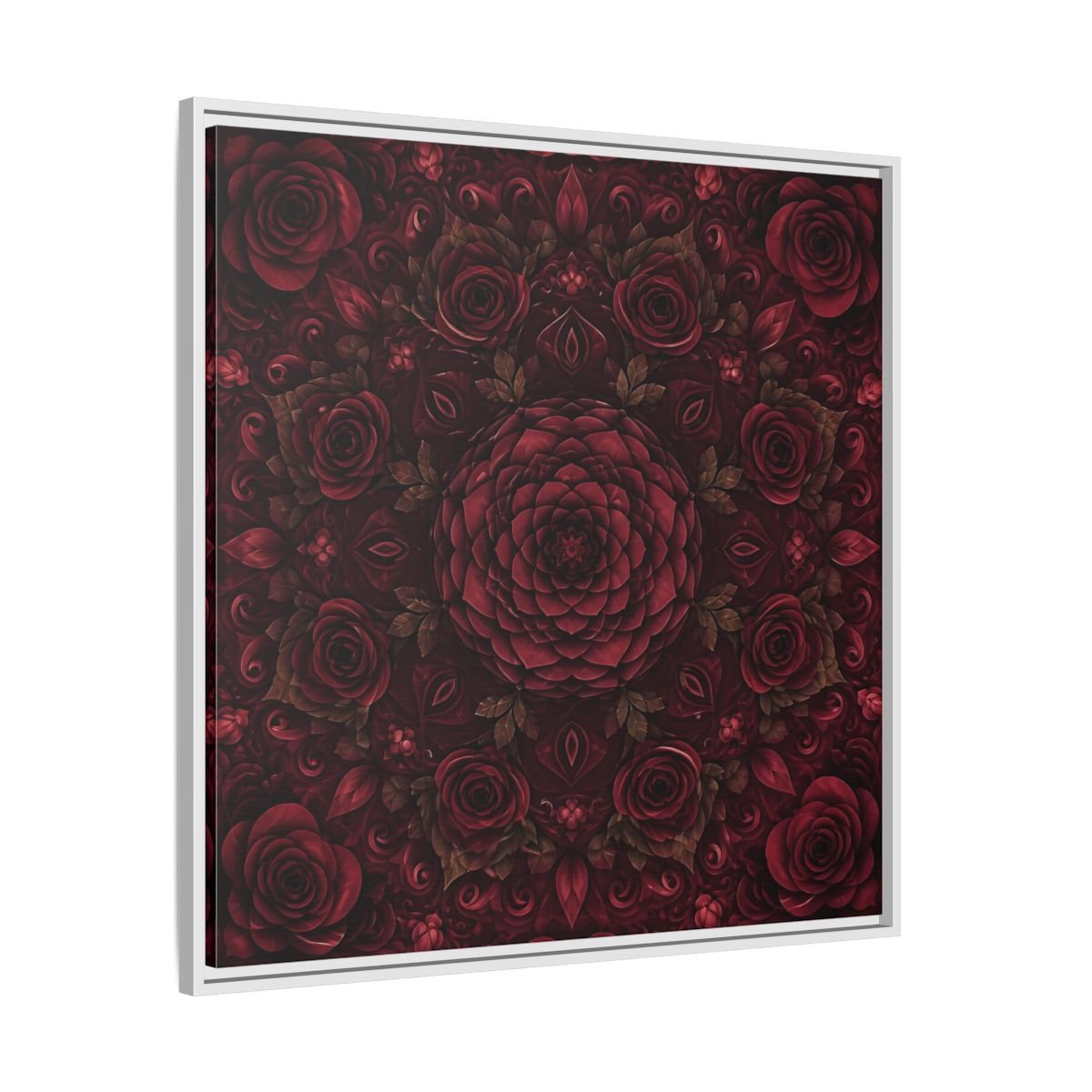Floral Mandala Deep Red Framed Canvas Print Wall Art – Ornate Living Room, Above Console Table - YesArtYes