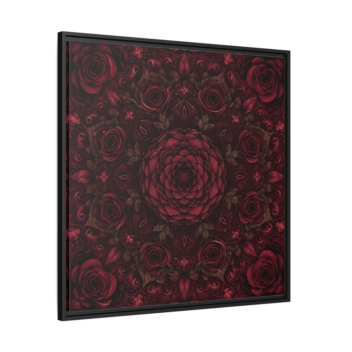 Floral Mandala Deep Red Framed Canvas Print Wall Art – Ornate Living Room, Above Console Table - YesArtYes