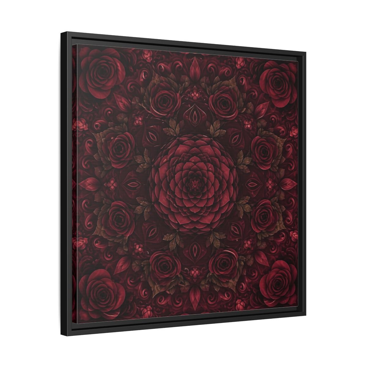 Floral Mandala Deep Red Framed Canvas Print Wall Art – Ornate Living Room, Above Console Table - YesArtYes