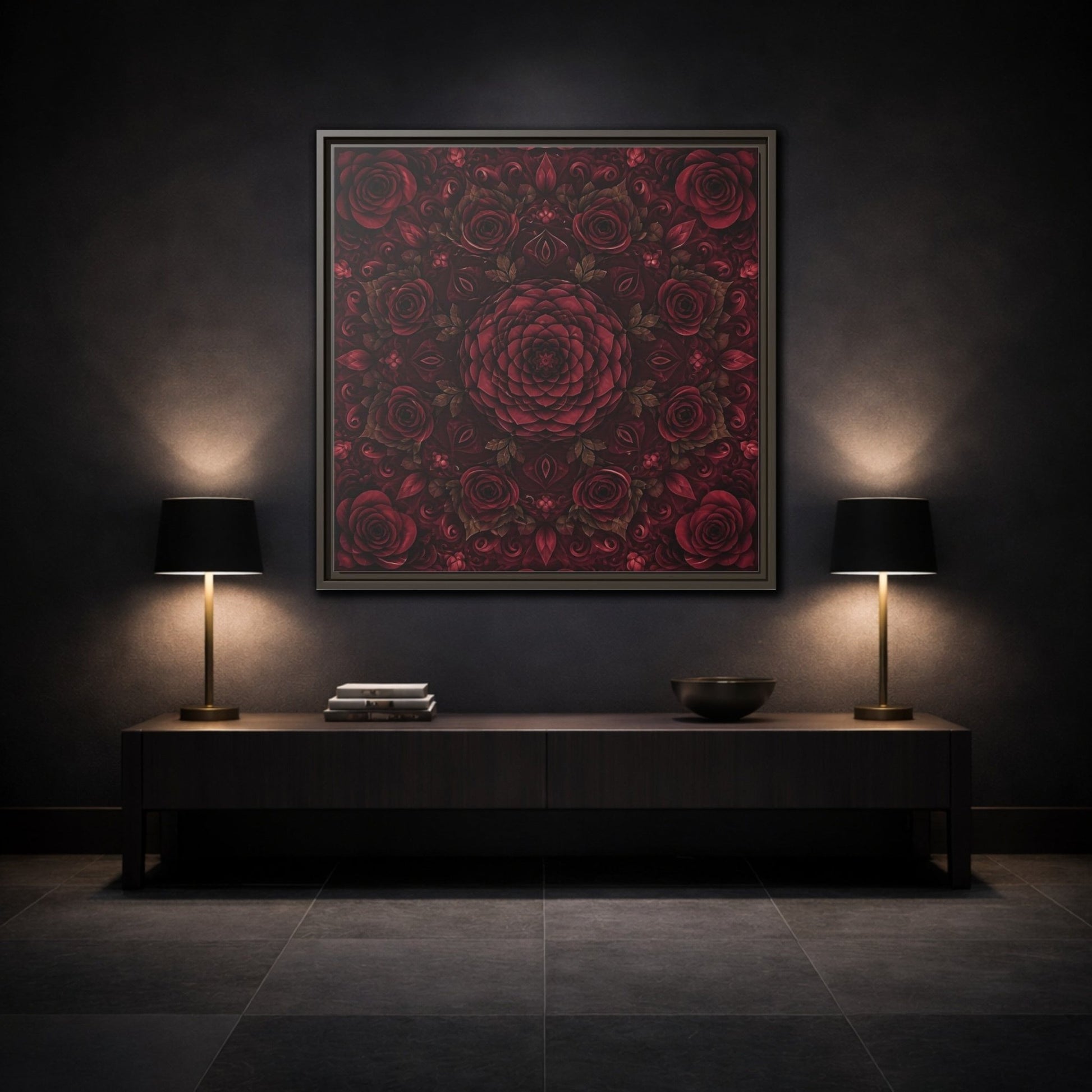 Floral Mandala Deep Red Framed Canvas Print Wall Art – Ornate Living Room, Above Console Table - YesArtYes