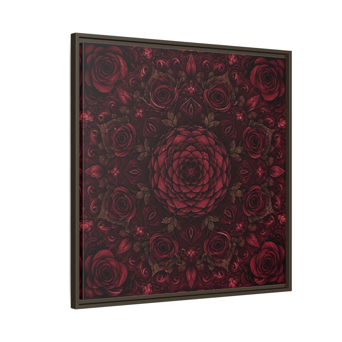 Floral Mandala Deep Red Framed Canvas Print Wall Art – Ornate Living Room, Above Console Table - YesArtYes