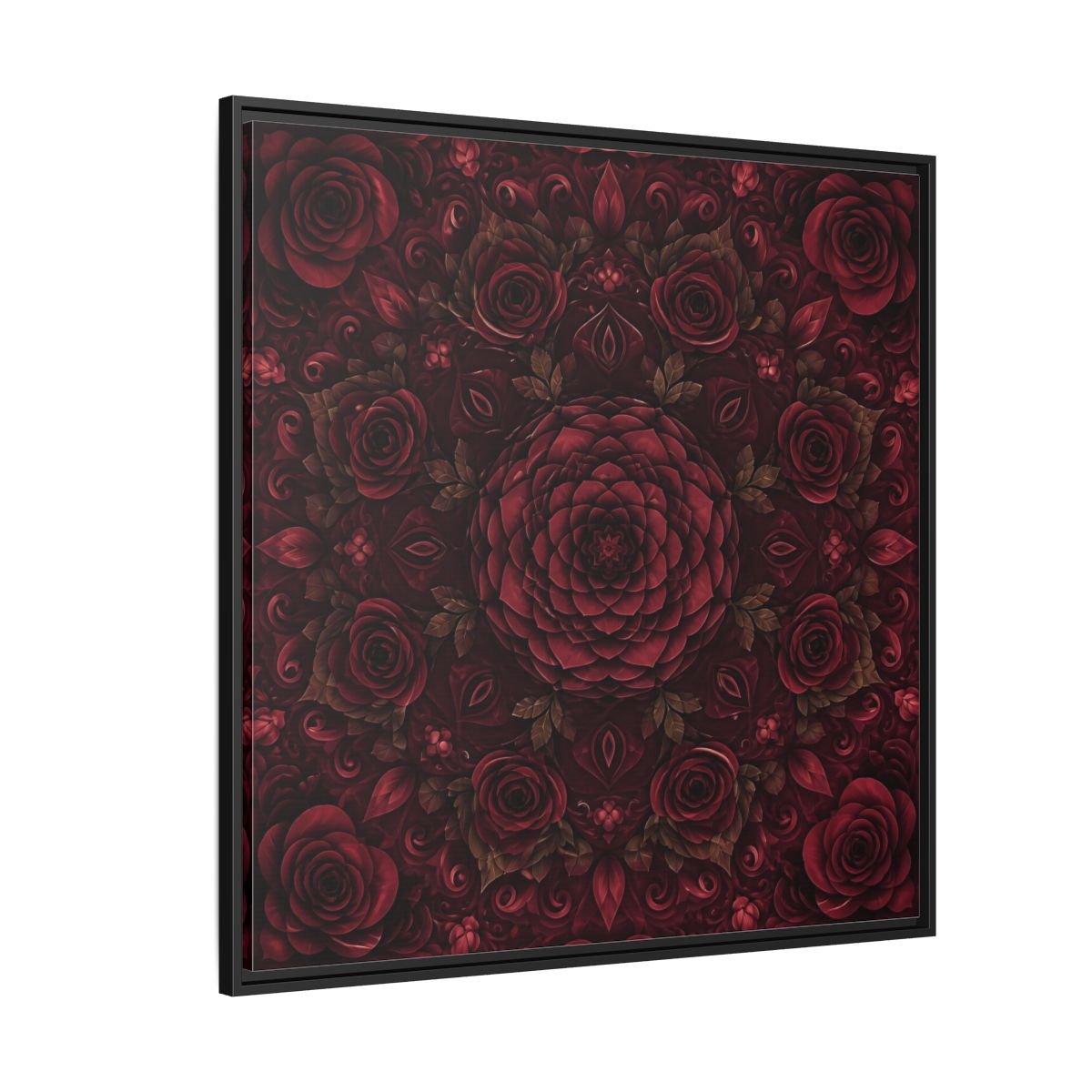 Floral Mandala Deep Red Framed Canvas Print Wall Art – Ornate Living Room, Above Console Table - YesArtYes