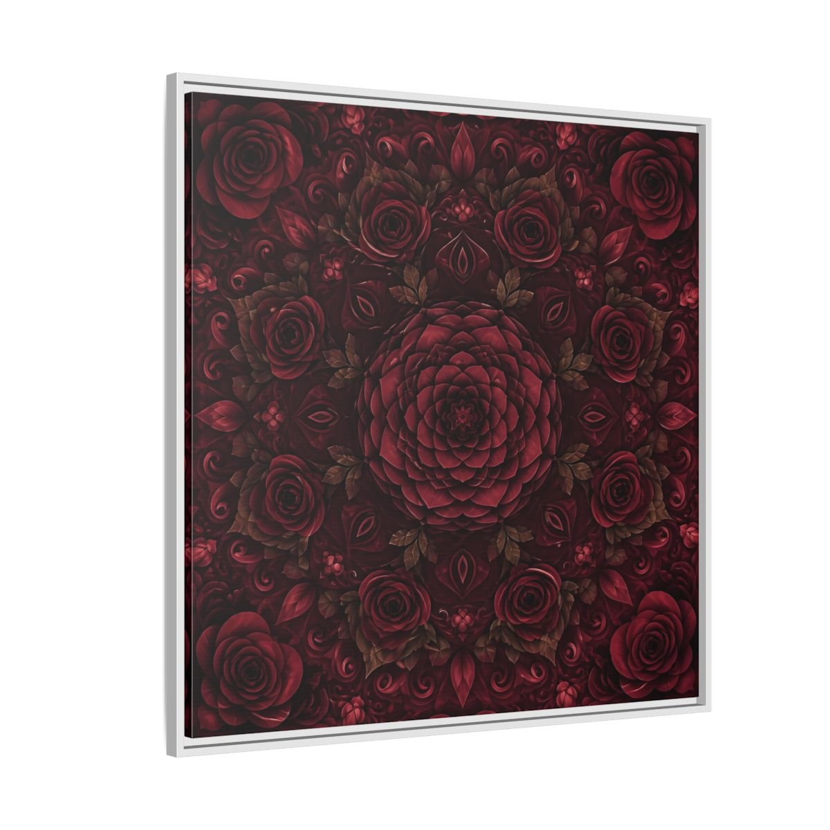 Floral Mandala Deep Red Framed Canvas Print Wall Art – Ornate Living Room, Above Console Table - YesArtYes