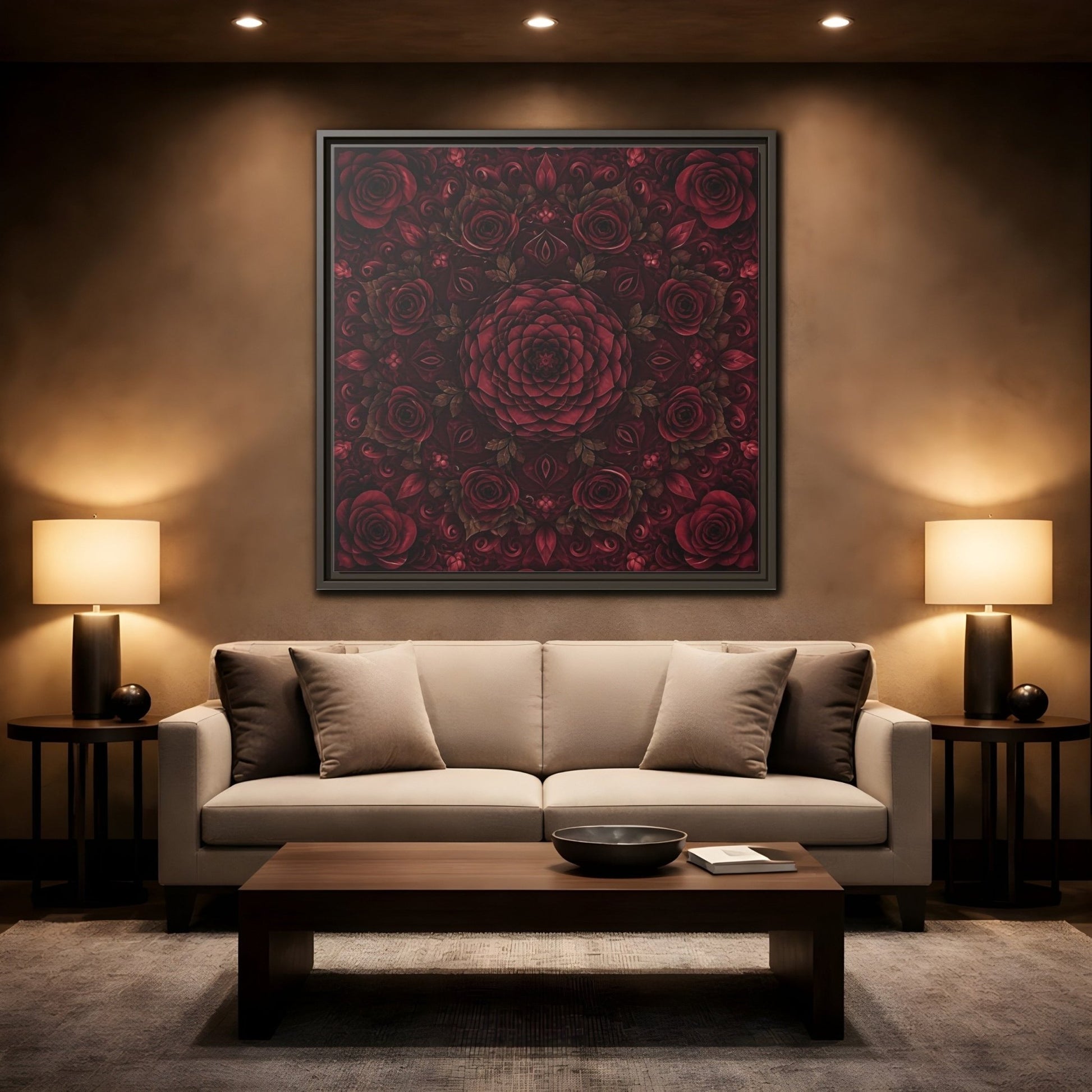 Floral Mandala Deep Red Framed Canvas Print Wall Art – Ornate Living Room, Above Console Table - YesArtYes