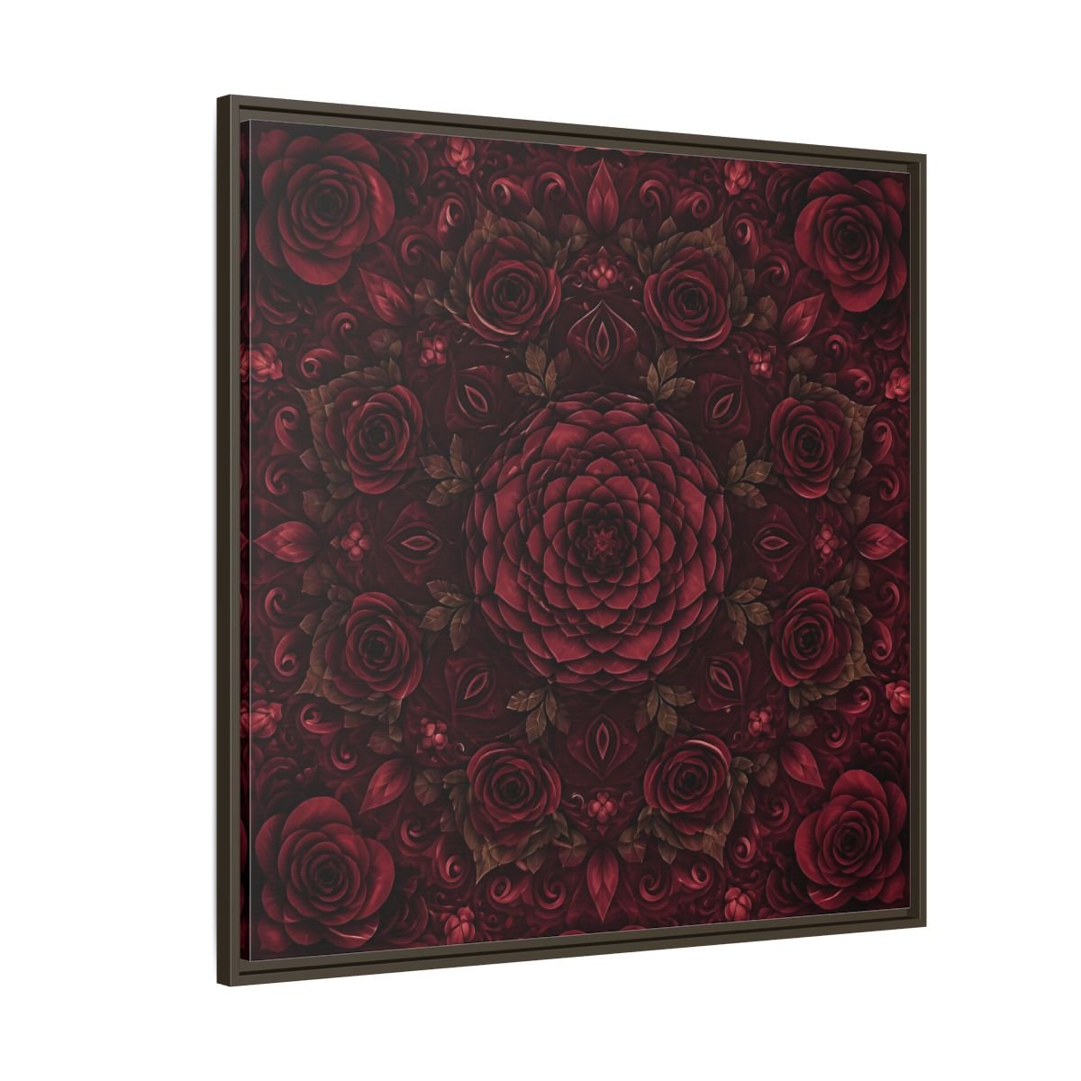 Floral Mandala Deep Red Framed Canvas Print Wall Art – Ornate Living Room, Above Console Table - YesArtYes