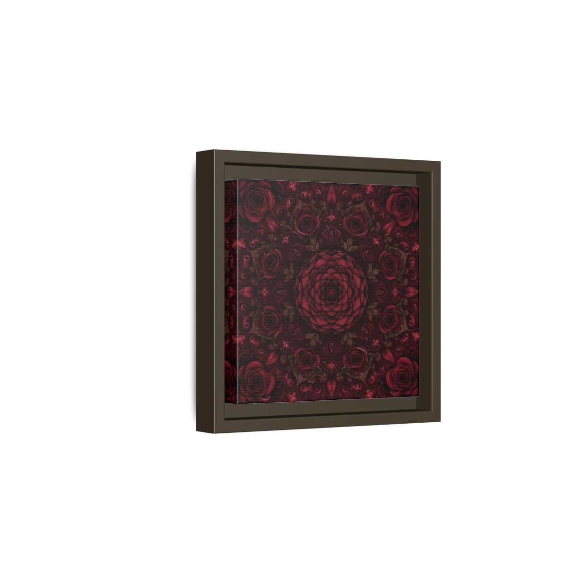 Side Mockup 2. Floral Floral Mandala Deep Red Floral shown as framed canvas print