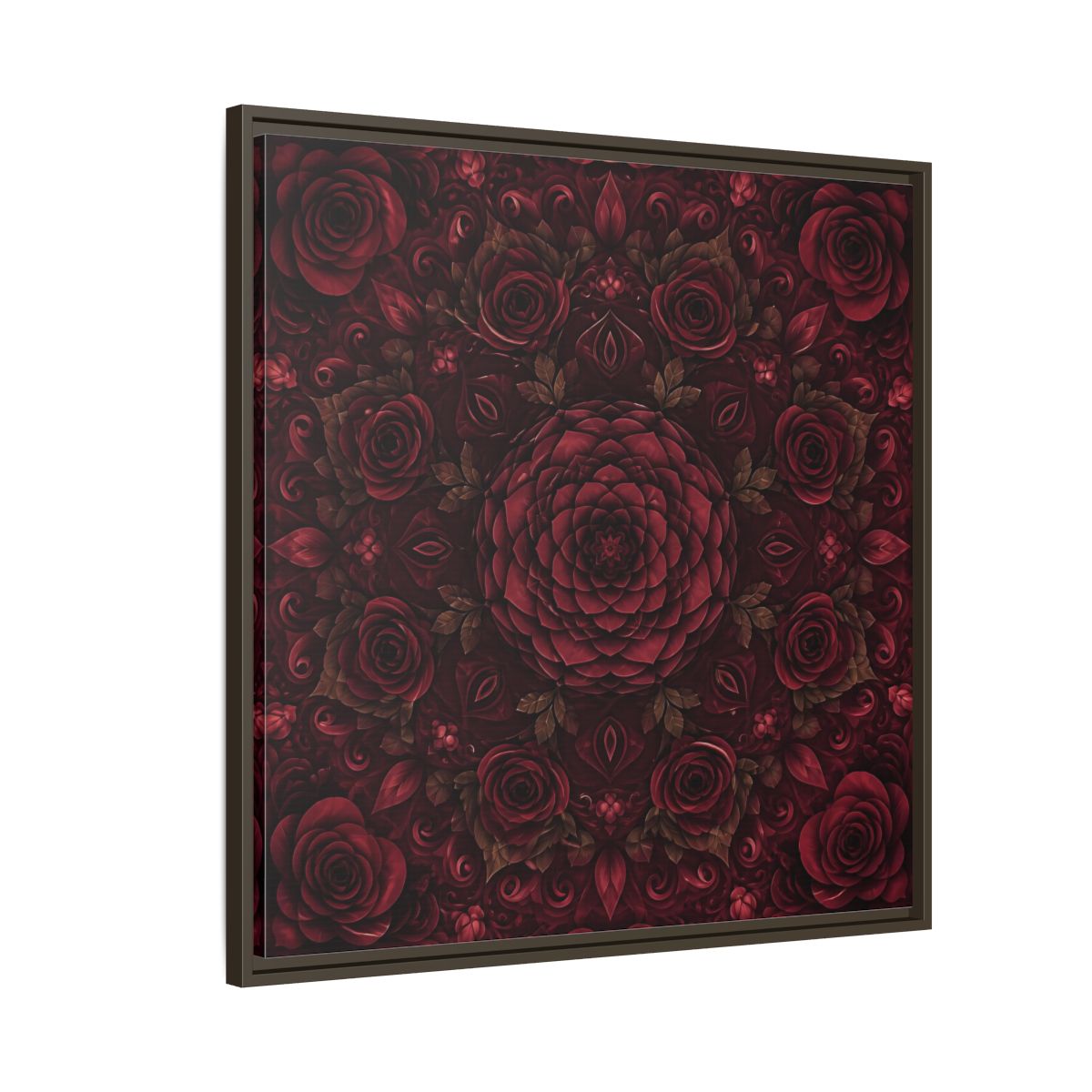Side Mockup 8. Floral Floral Mandala Deep Red Floral shown as framed canvas print