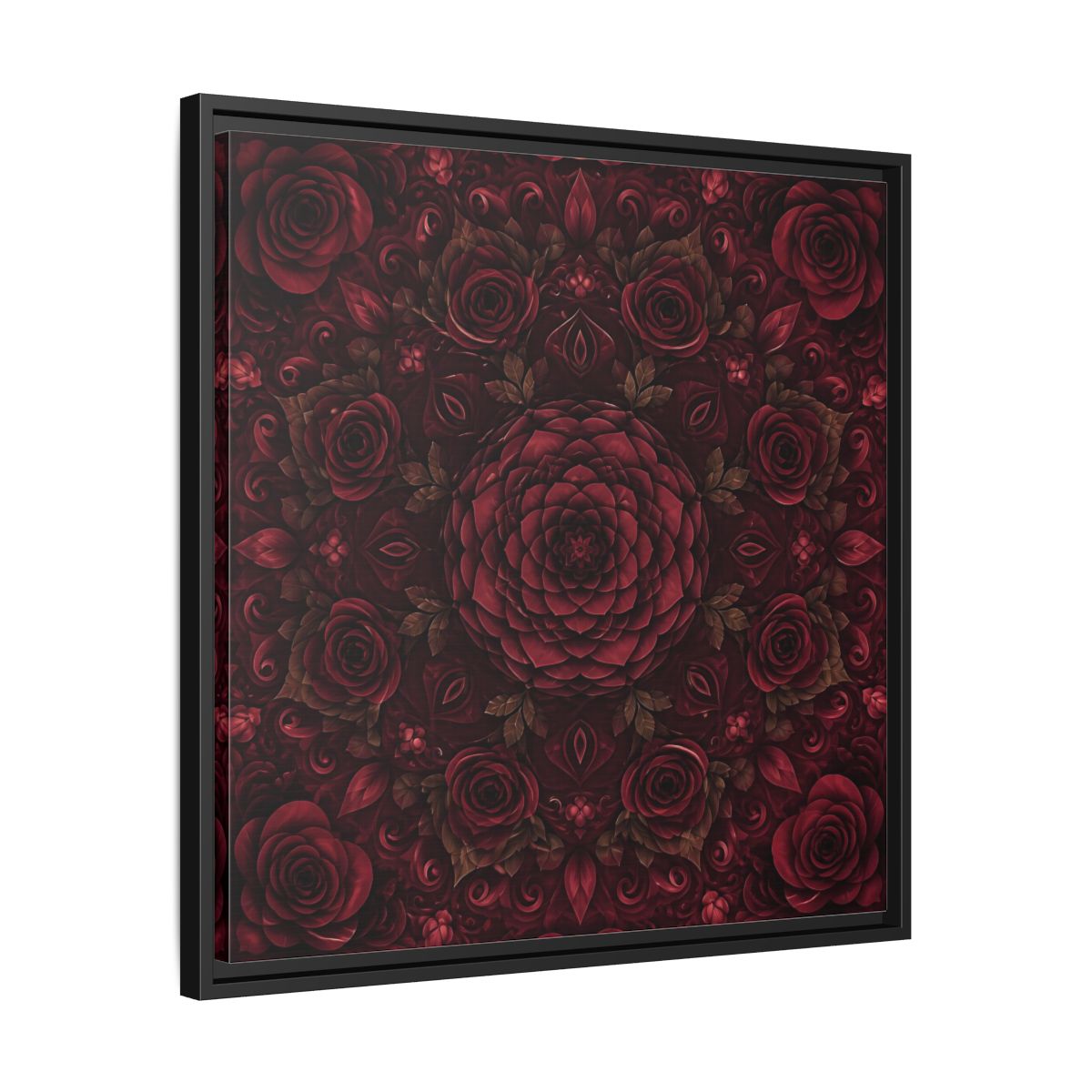 Side Mockup 31. Floral Floral Mandala Deep Red Floral shown as framed canvas print