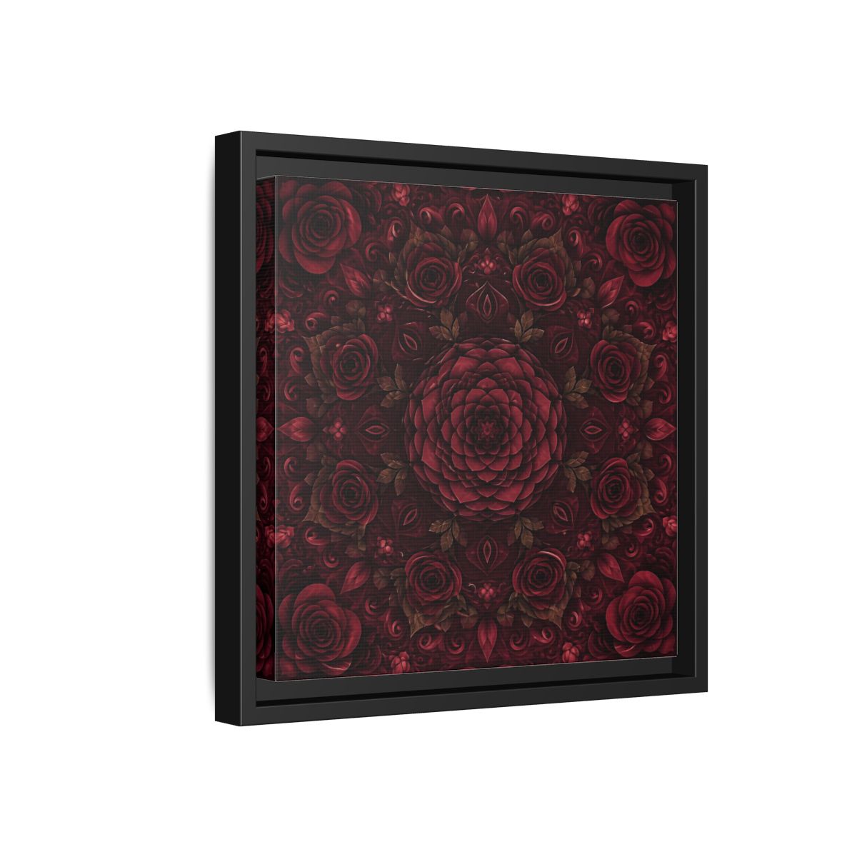 Side Mockup 18. Floral Floral Mandala Deep Red Floral shown as framed canvas print