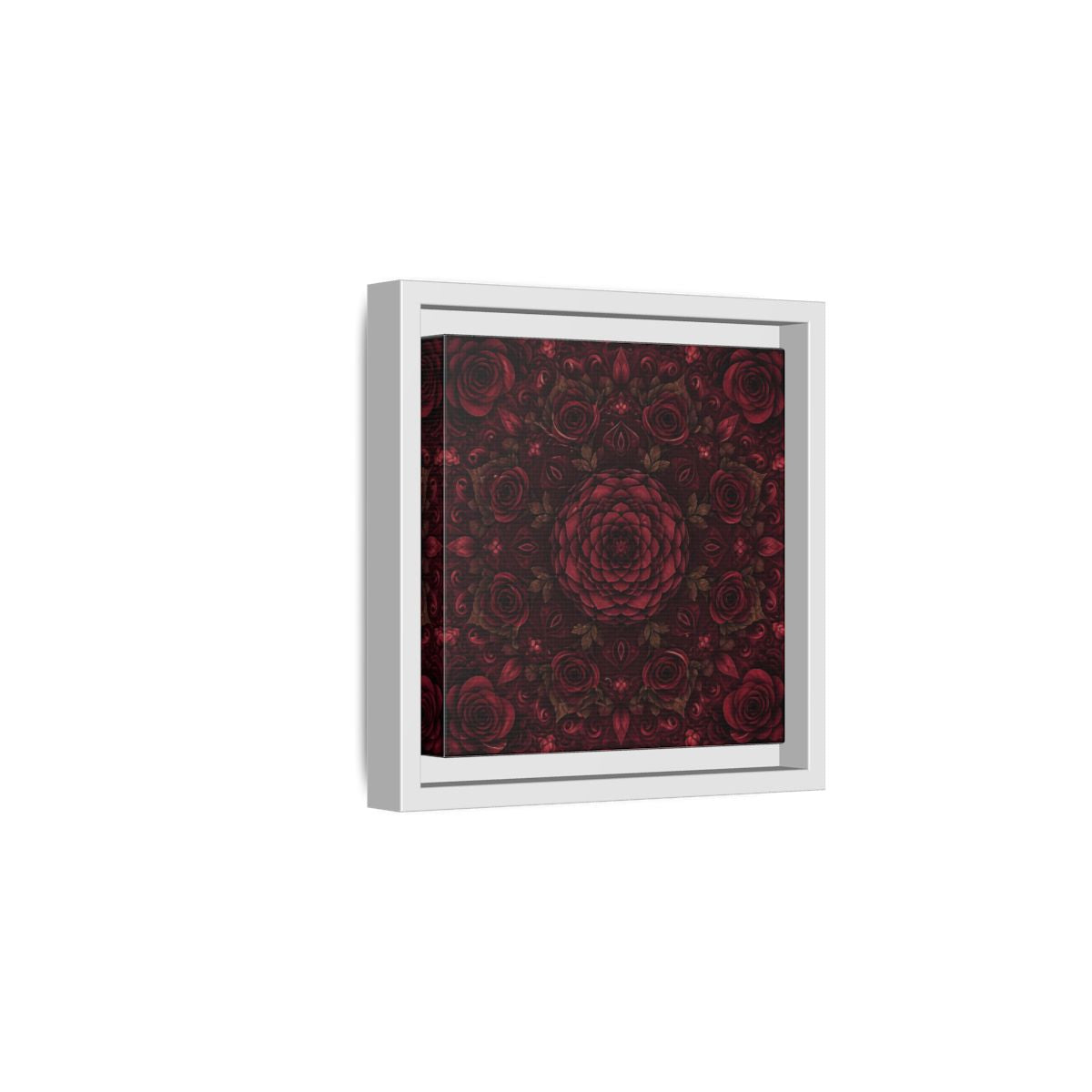Side Mockup 1. Floral Floral Mandala Deep Red Floral shown as framed canvas print