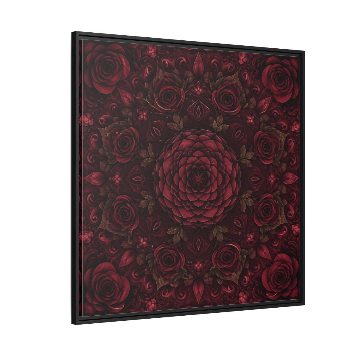 Side Mockup 6. Floral Floral Mandala Deep Red Floral shown as framed canvas print