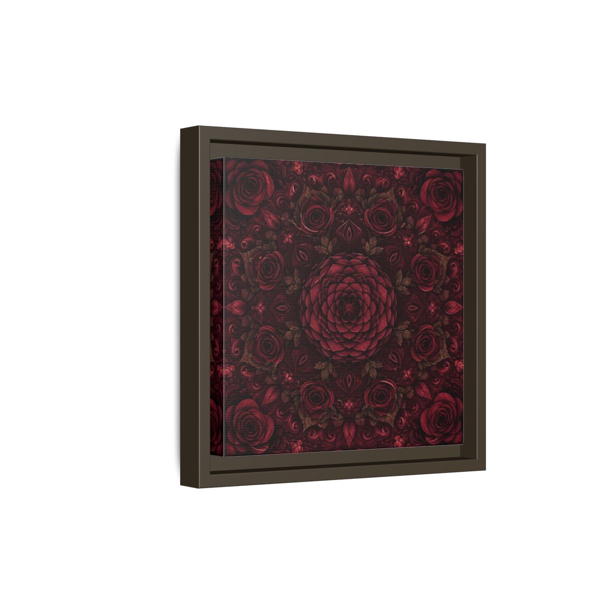 Side Mockup 20. Floral Floral Mandala Deep Red Floral shown as framed canvas print