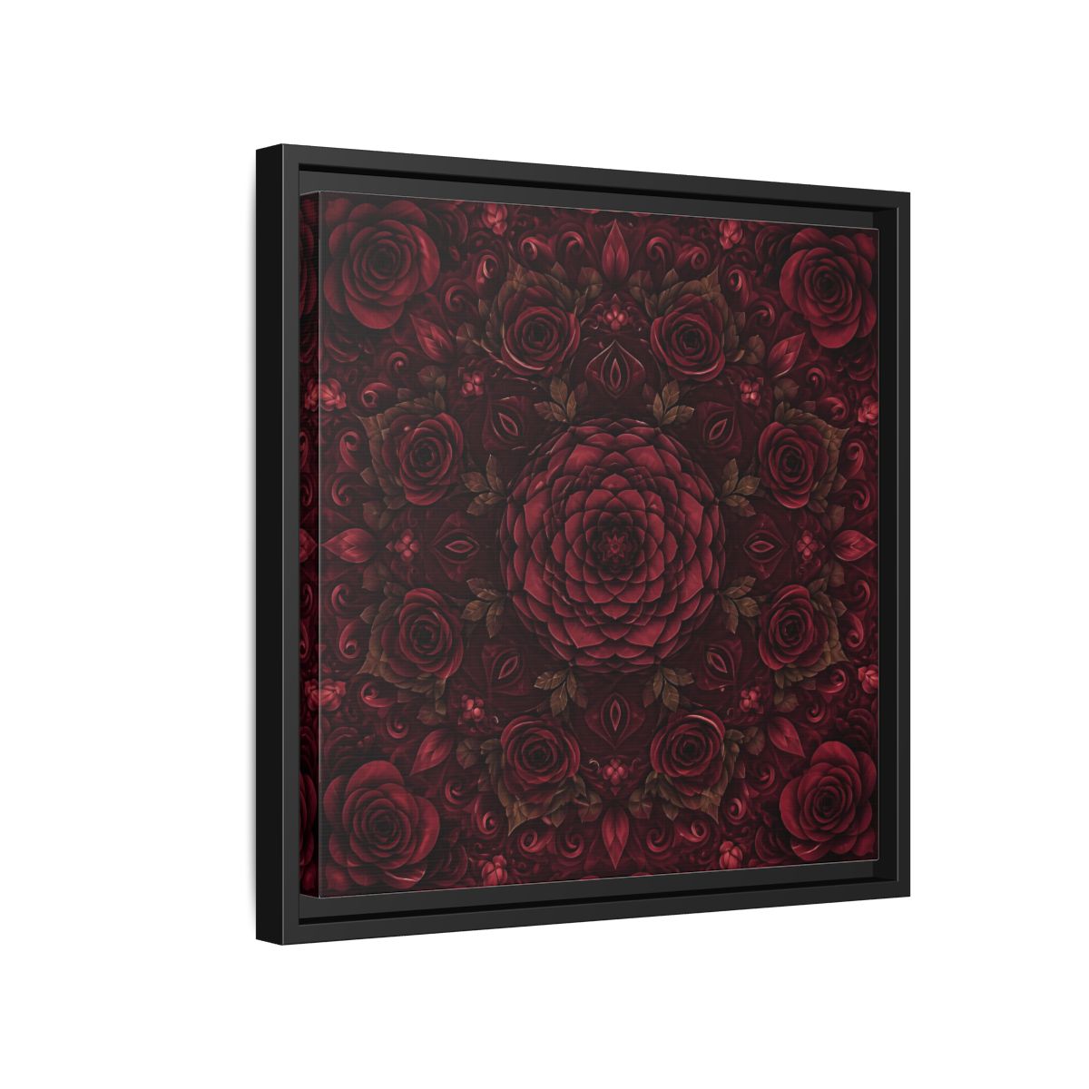 Side Mockup 15. Floral Floral Mandala Deep Red Floral shown as framed canvas print