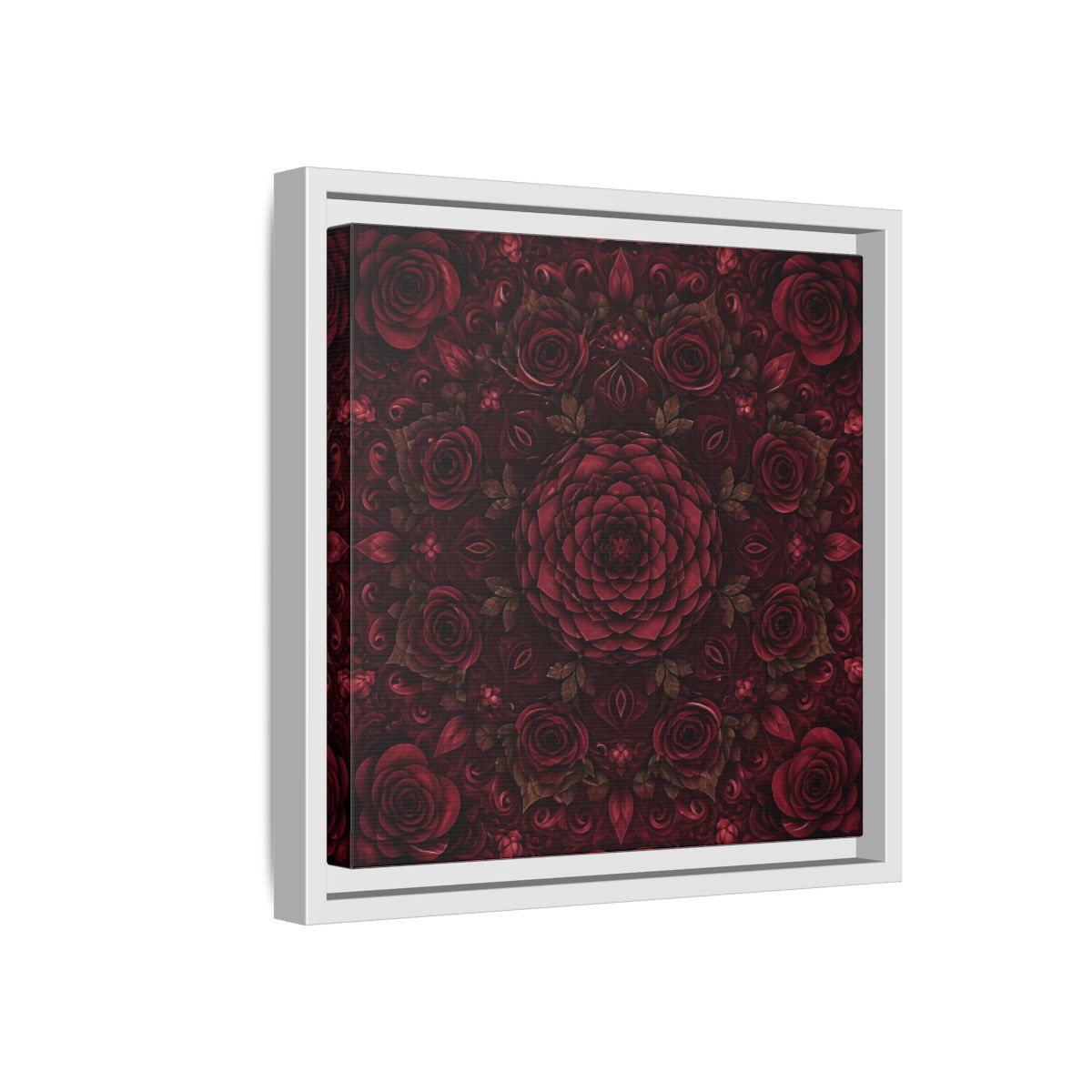 Side Mockup 16. Floral Floral Mandala Deep Red Floral shown as framed canvas print
