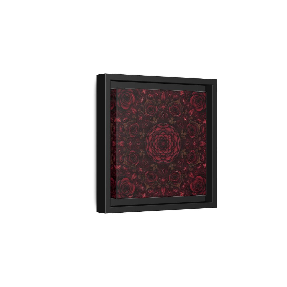 Side Mockup 3. Floral Floral Mandala Deep Red Floral shown as framed canvas print