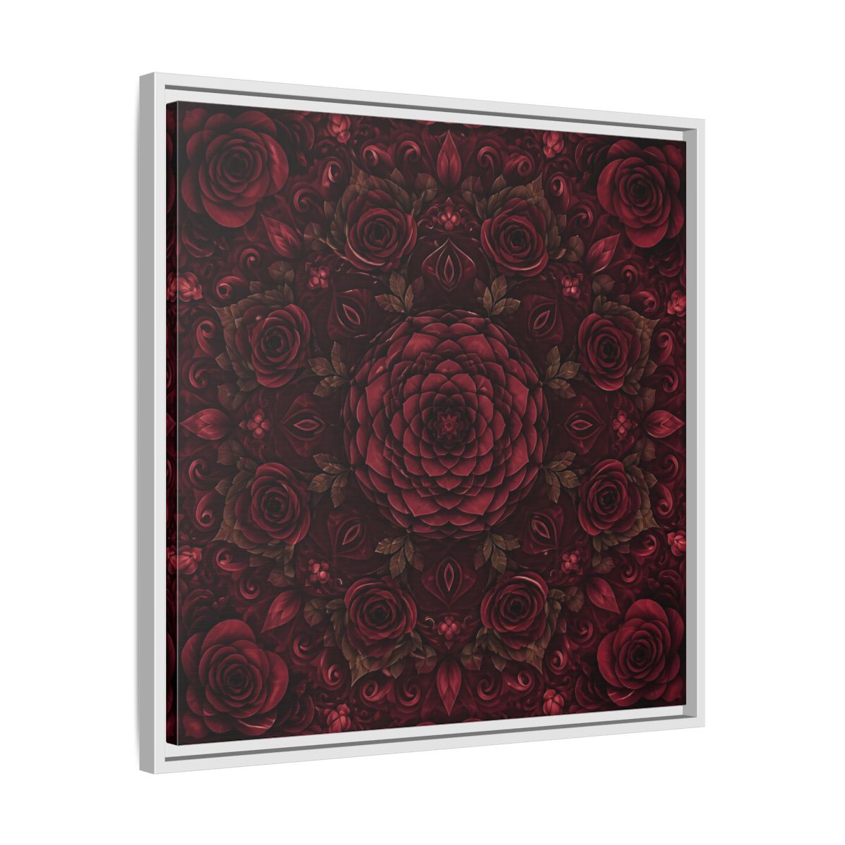Side Mockup 26. Floral Floral Mandala Deep Red Floral shown as framed canvas print