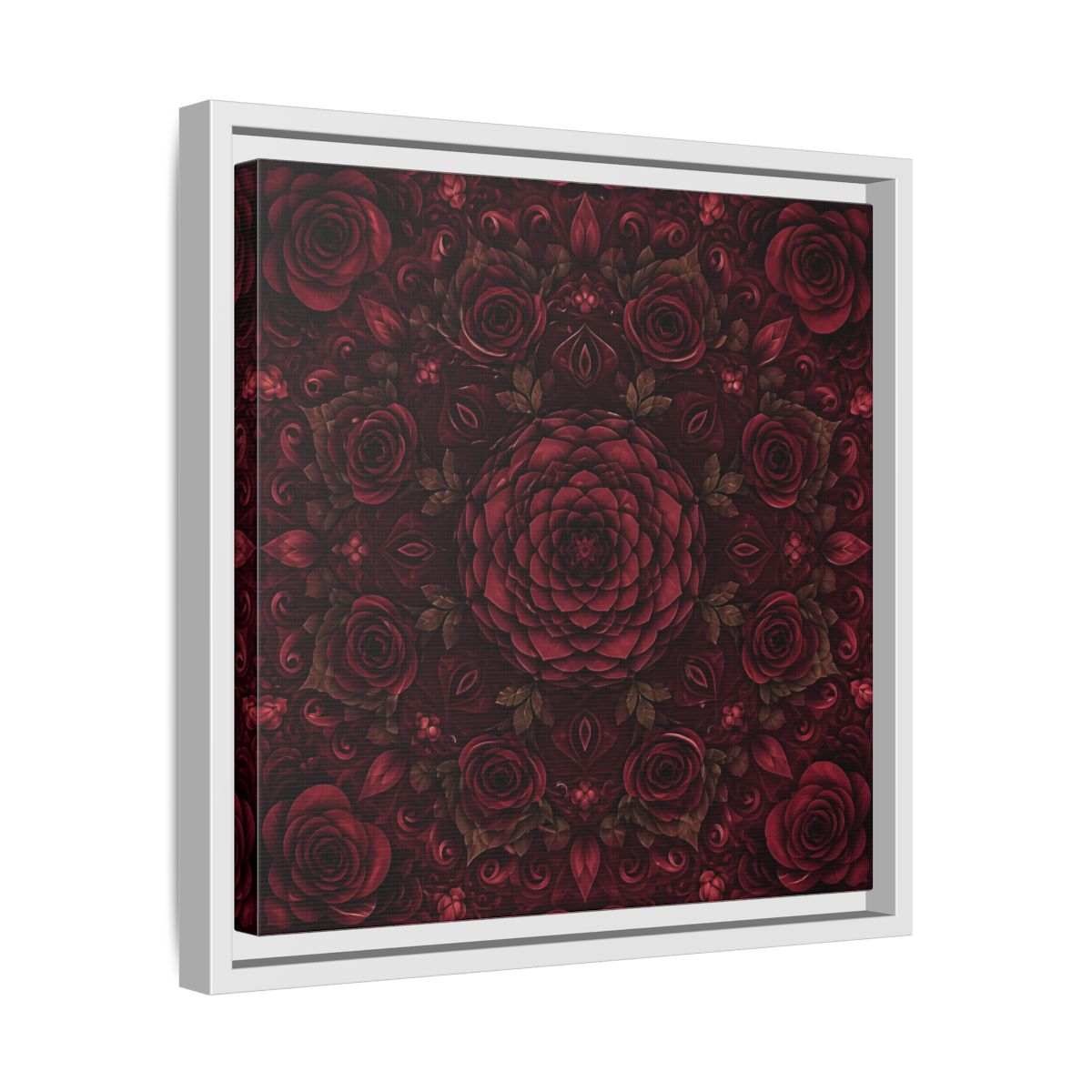 Side Mockup 28. Floral Floral Mandala Deep Red Floral shown as framed canvas print