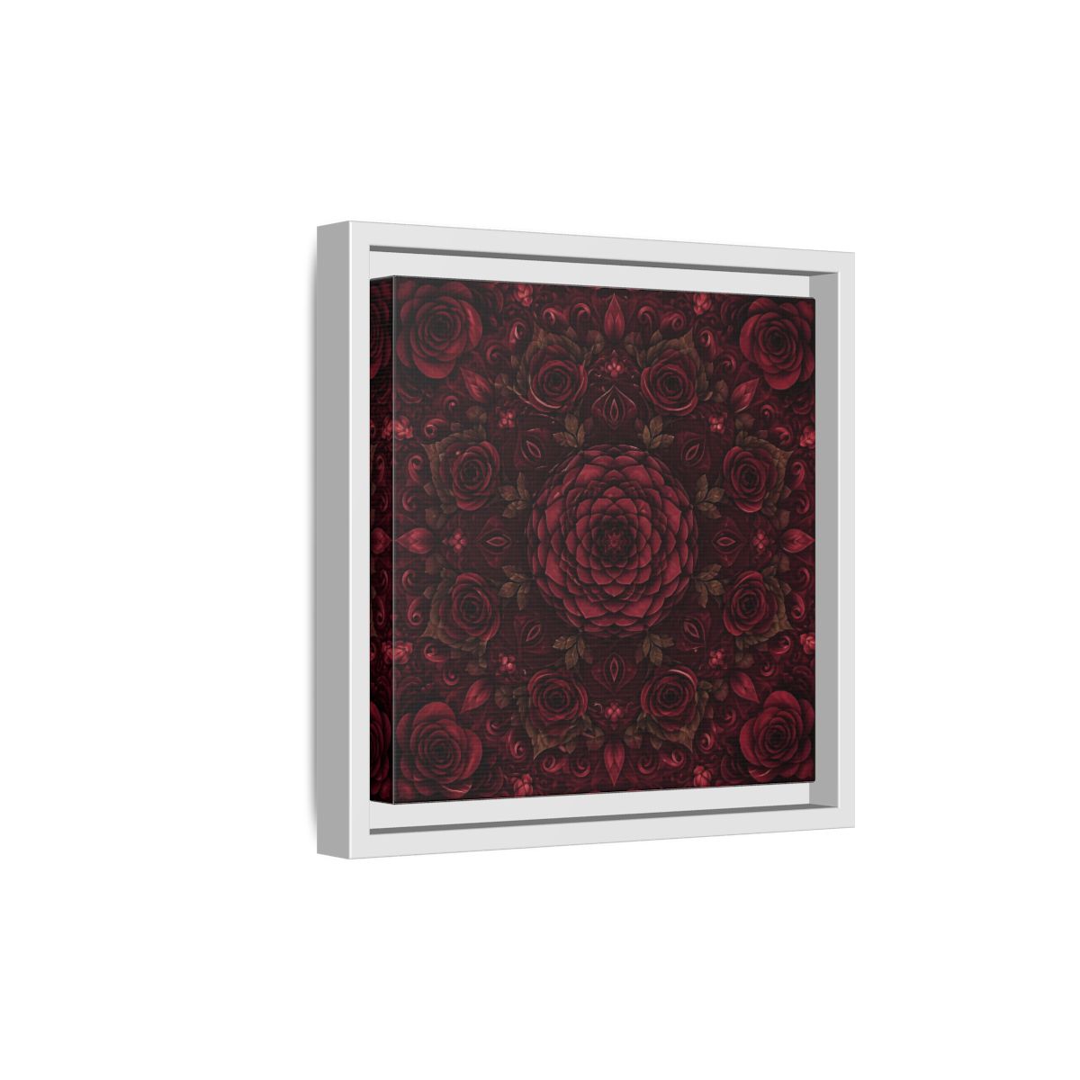 Side Mockup 19. Floral Floral Mandala Deep Red Floral shown as framed canvas print