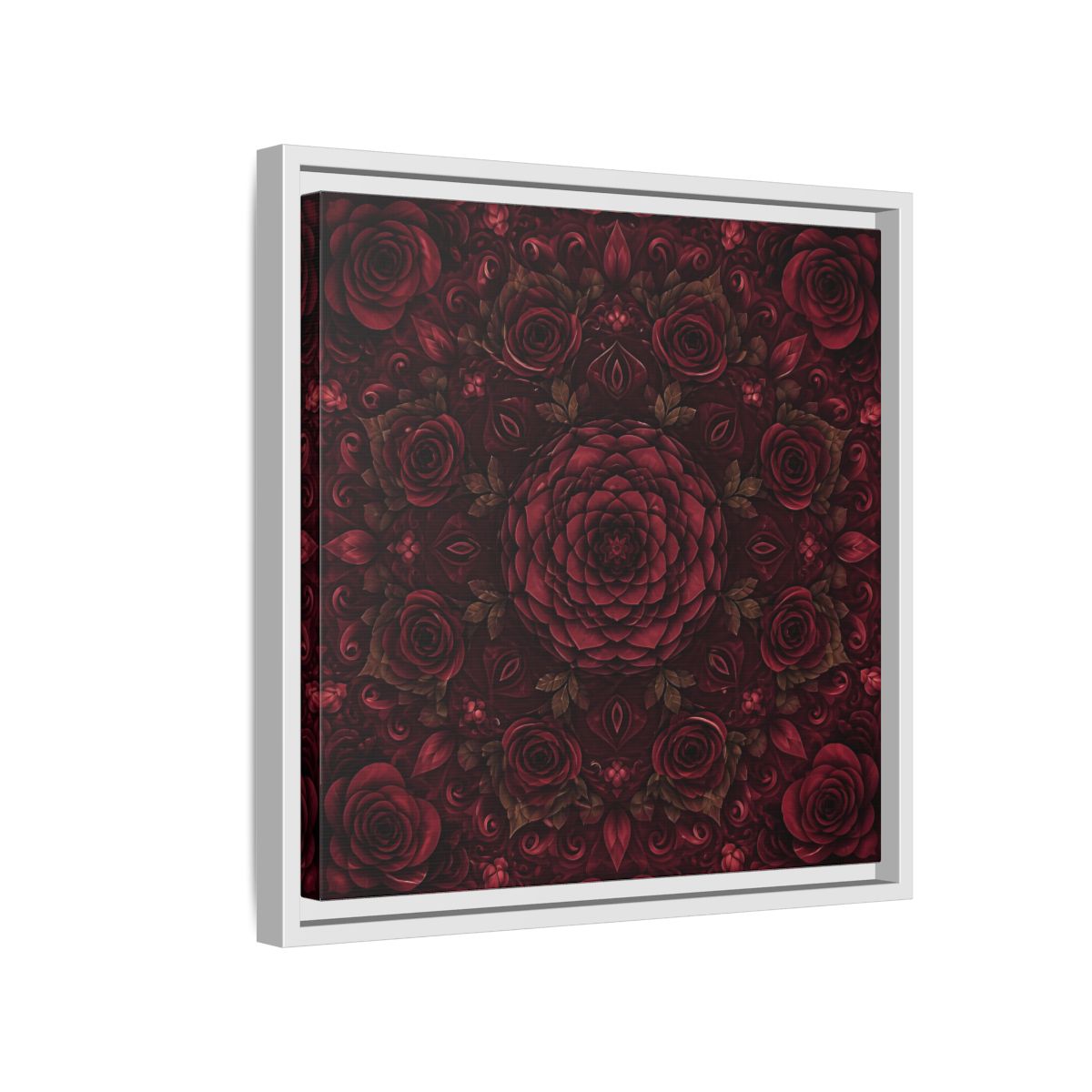Side Mockup 13. Floral Floral Mandala Deep Red Floral shown as framed canvas print