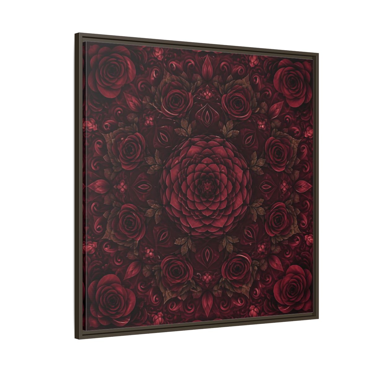 Side Mockup 5. Floral Floral Mandala Deep Red Floral shown as framed canvas print