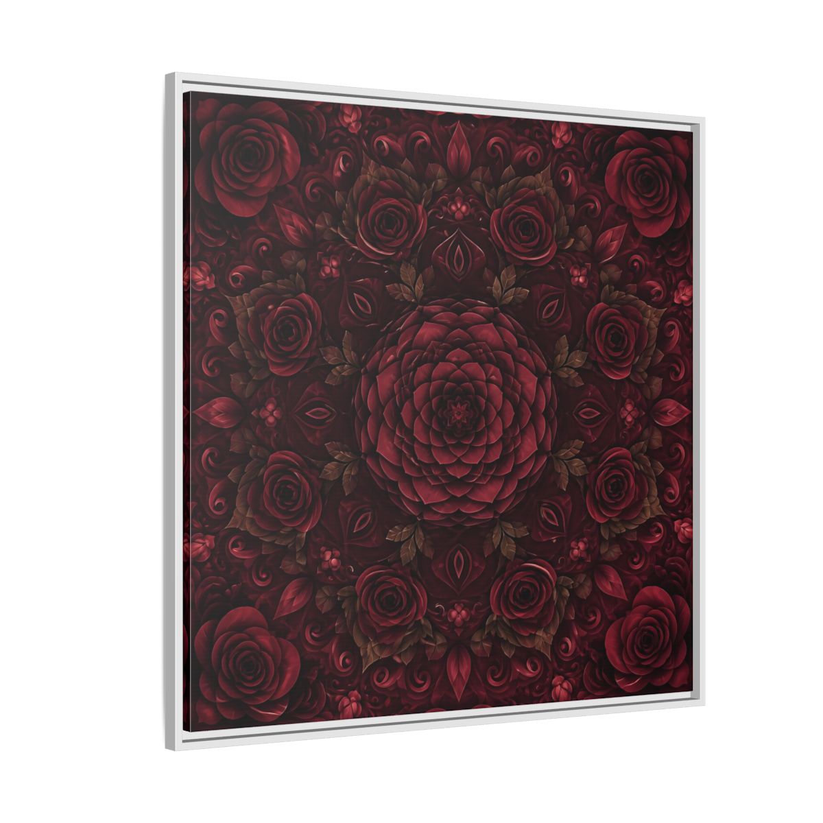 Side Mockup 4. Floral Floral Mandala Deep Red Floral shown as framed canvas print