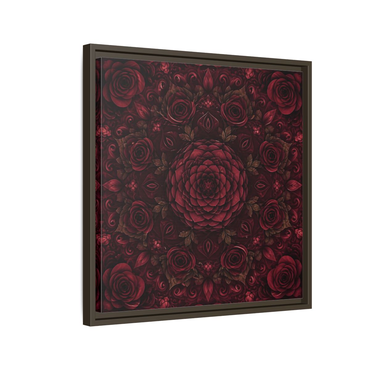 Side Mockup 11. Floral Floral Mandala Deep Red Floral shown as framed canvas print