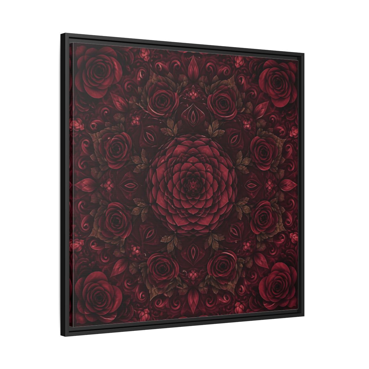 Side Mockup 30. Floral Floral Mandala Deep Red Floral shown as framed canvas print