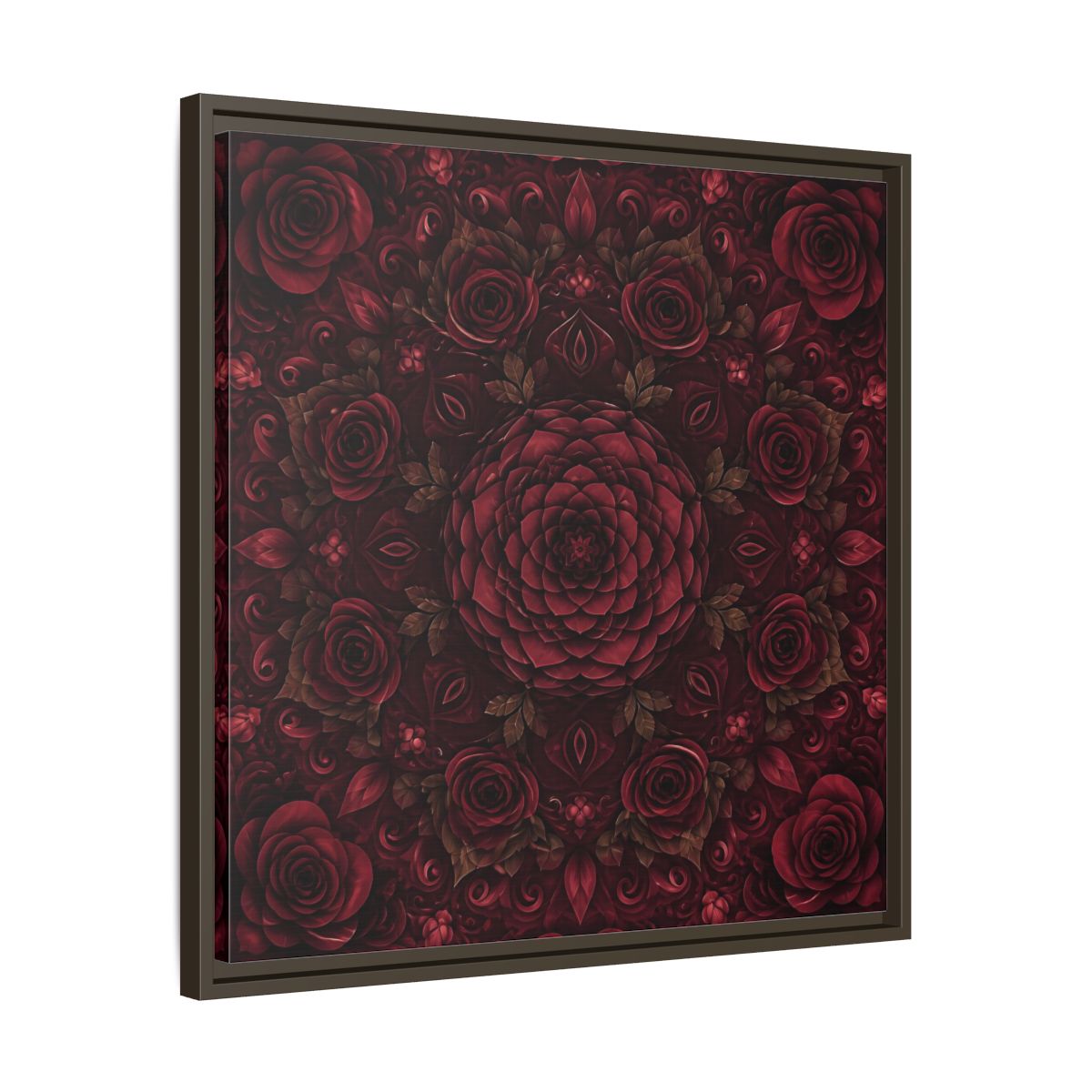 Side Mockup 27. Floral Floral Mandala Deep Red Floral shown as framed canvas print