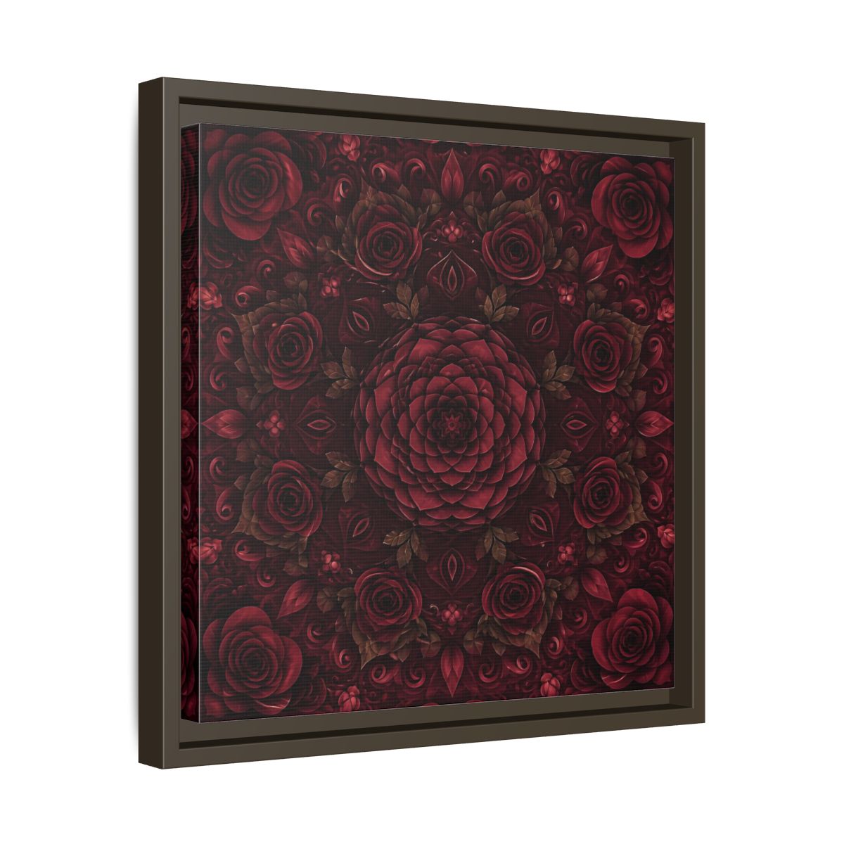 Side Mockup 29. Floral Floral Mandala Deep Red Floral shown as framed canvas print
