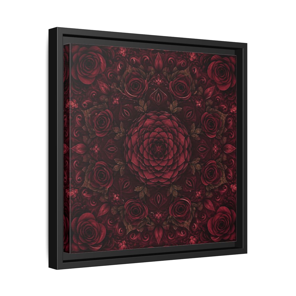 Side Mockup 32. Floral Floral Mandala Deep Red Floral shown as framed canvas print