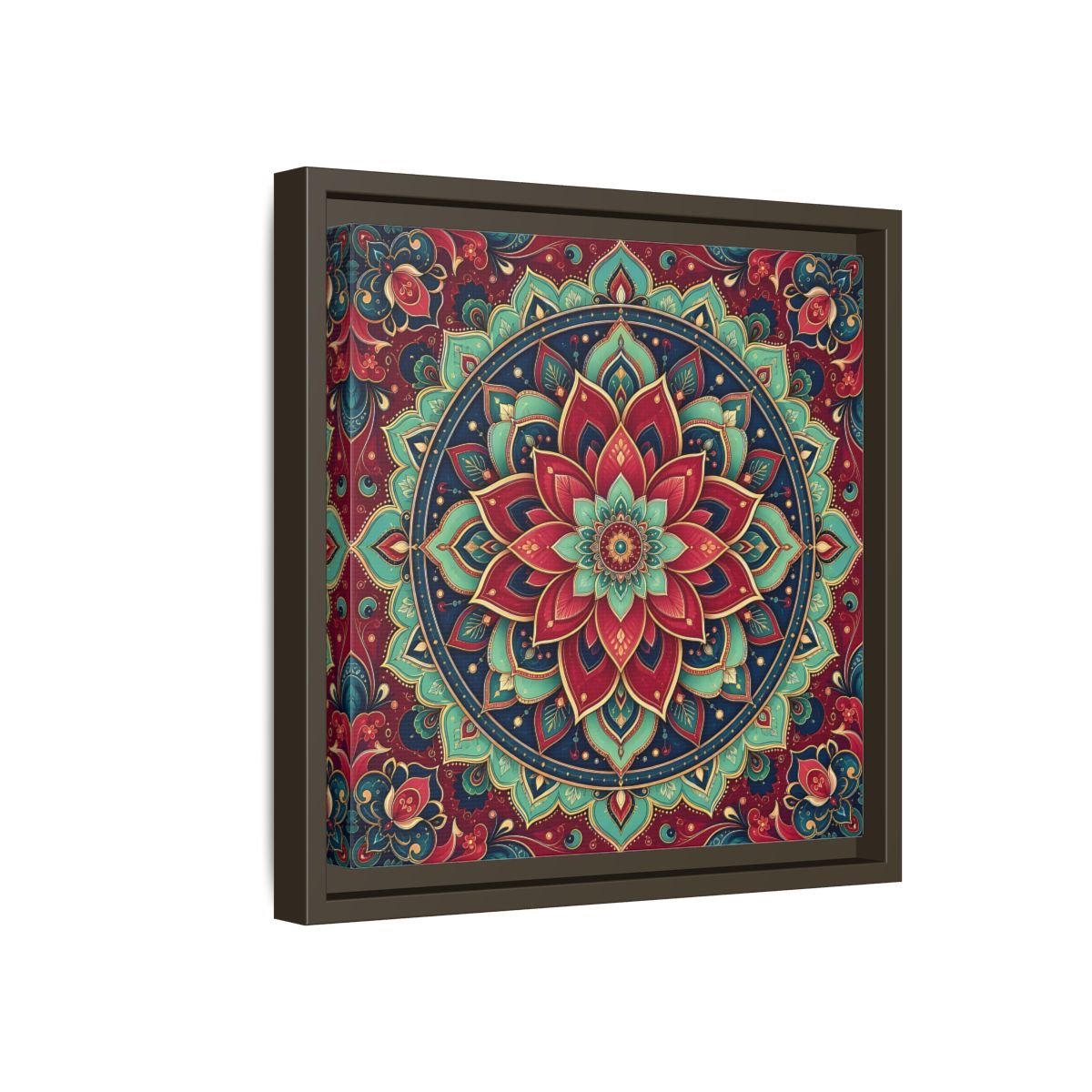 Floral Mandala Red Teal Framed Canvas Print Wall Art – Bohemian Living Room, Above Console Table - YesArtYes