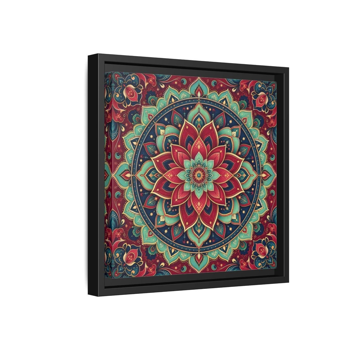 Floral Mandala Red Teal Framed Canvas Print Wall Art – Bohemian Living Room, Above Console Table - YesArtYes