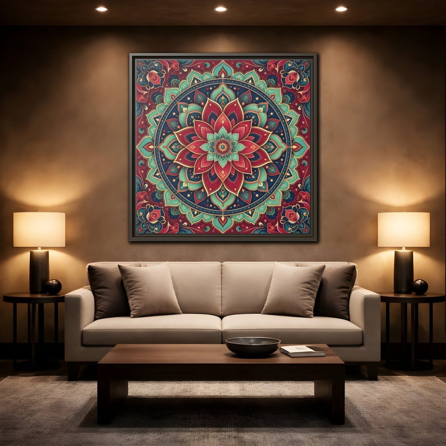 Floral Mandala Red Teal Framed Canvas Print Wall Art – Bohemian Living Room, Above Console Table - YesArtYes