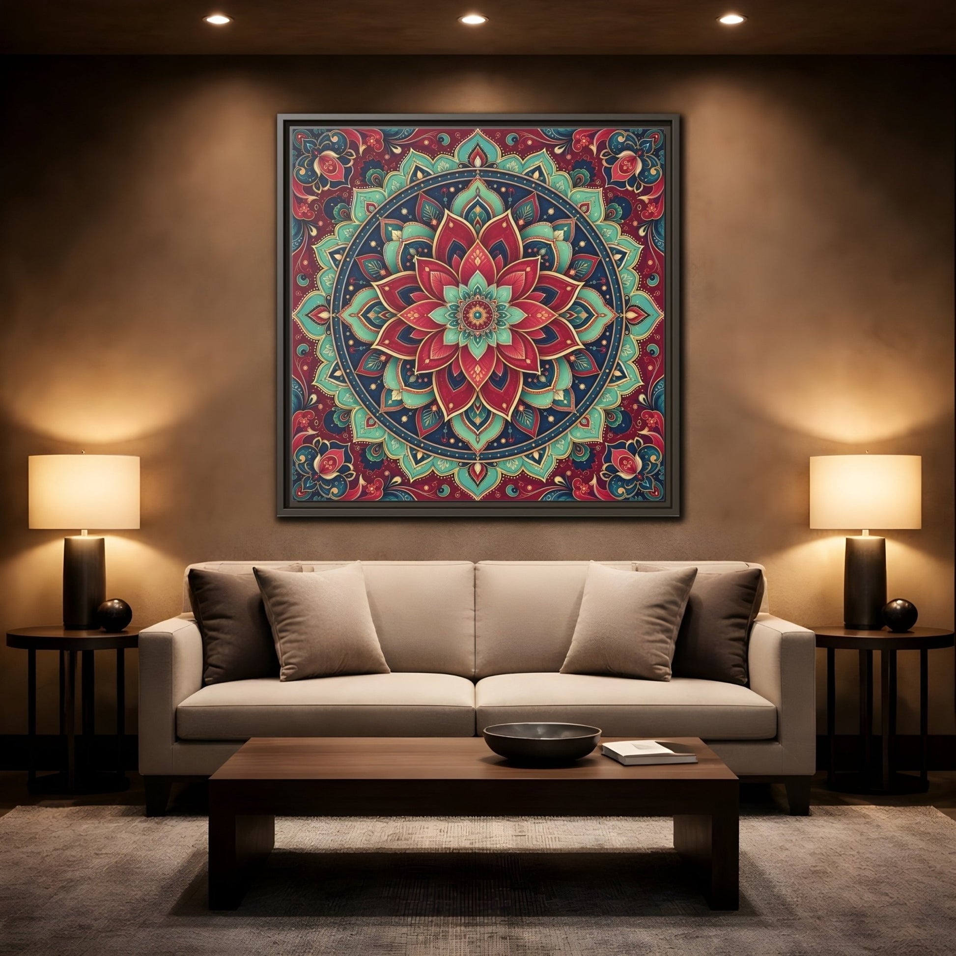 Floral Mandala Red Teal Framed Canvas Print Wall Art – Bohemian Living Room, Above Console Table - YesArtYes