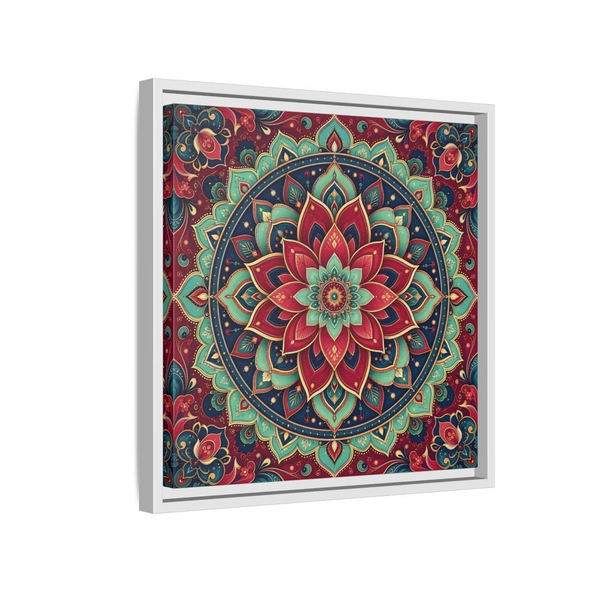 Floral Mandala Red Teal Framed Canvas Print Wall Art – Bohemian Living Room, Above Console Table - YesArtYes