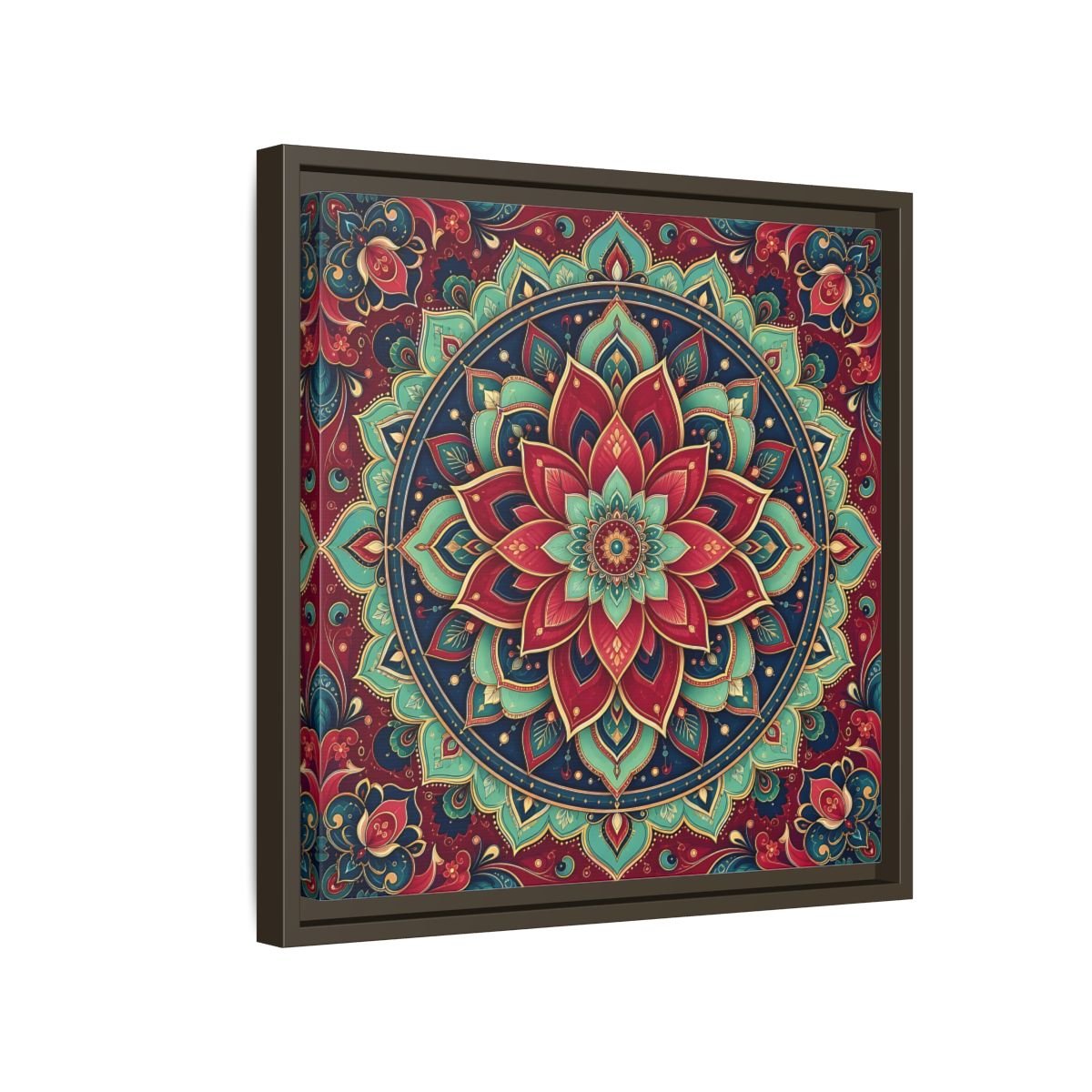 Floral Mandala Red Teal Framed Canvas Print Wall Art – Bohemian Living Room, Above Console Table - YesArtYes